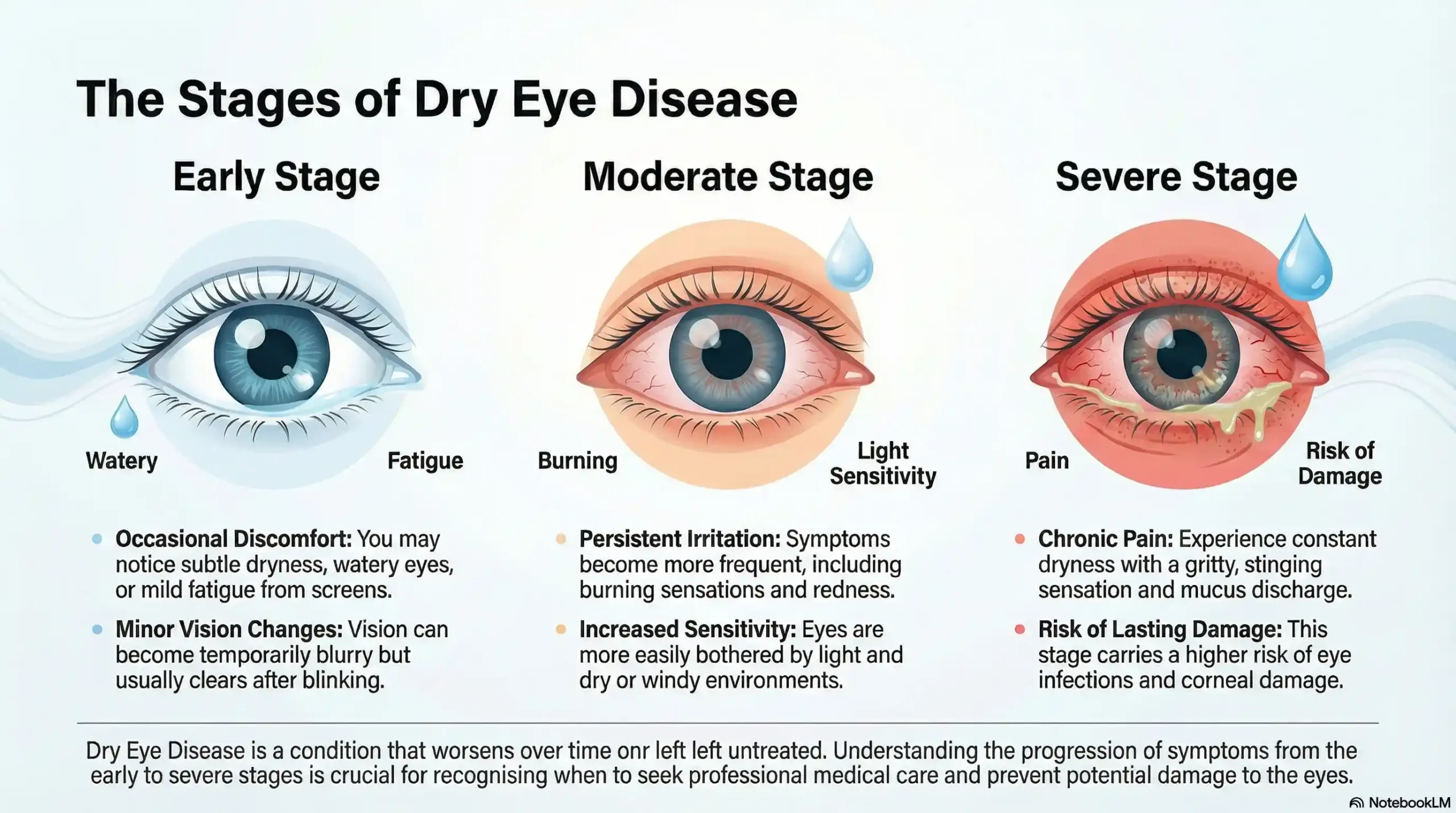 Infographic illustrating the progressive stages of dry eye syndrome, detailing symptoms from early mild irritation to severe discomfort and potential corneal damage.