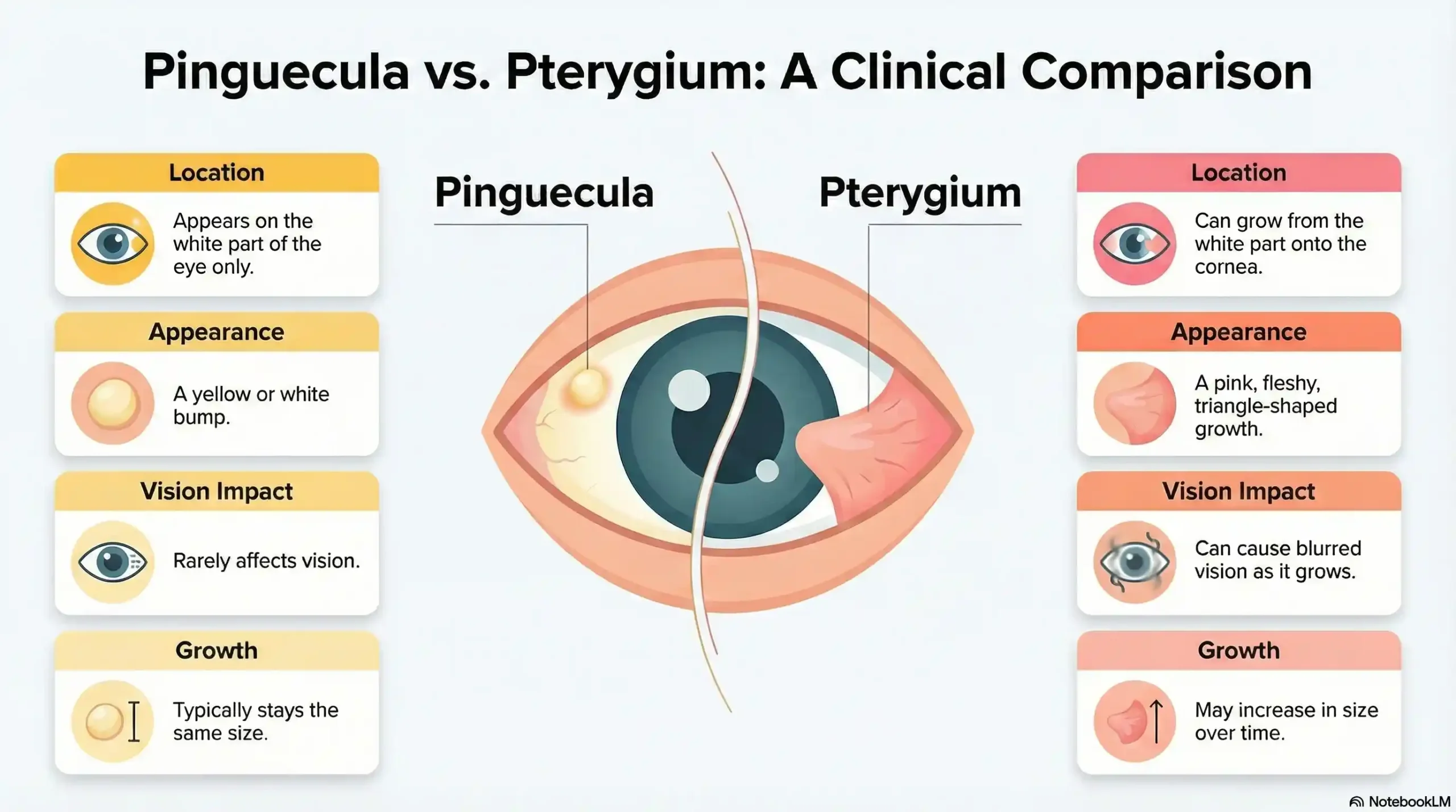 Infographic comparing Pinguecula (yellow bump on white) vs Pterygium (fleshy triangle on cornea) symptoms and risks.