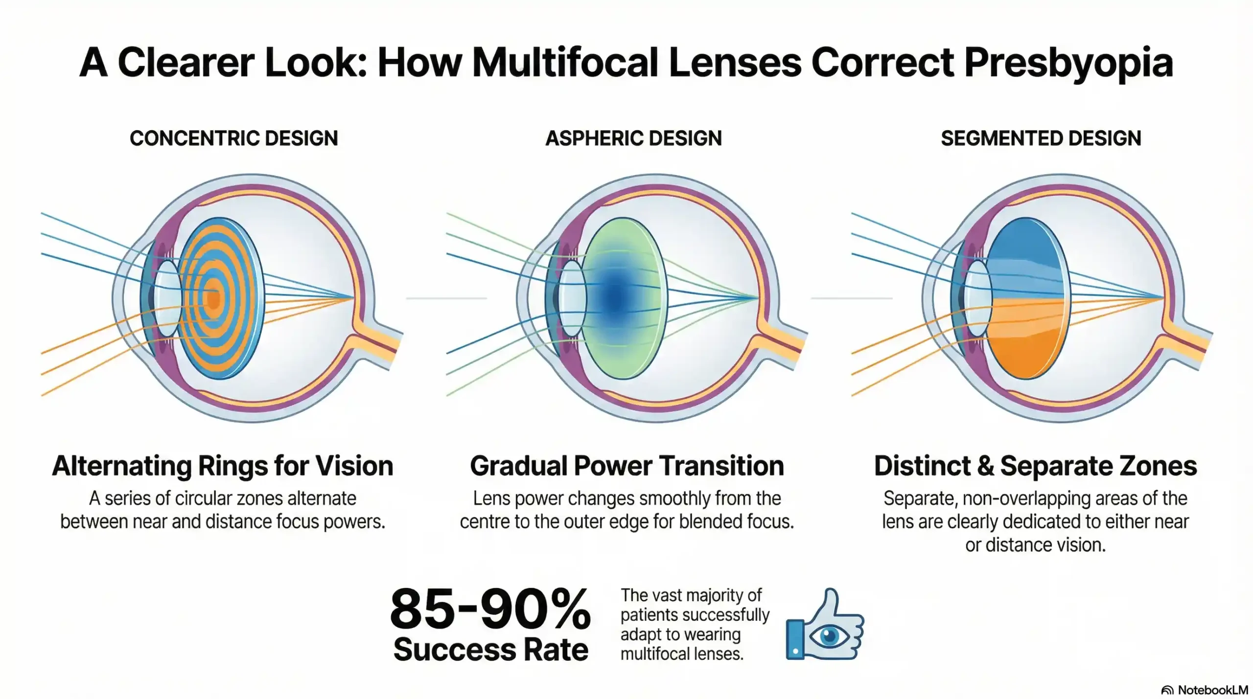 Comparison chart of Concentric vs. Aspheric vs. Segmented multifocal contact lens designs for presbyopia.