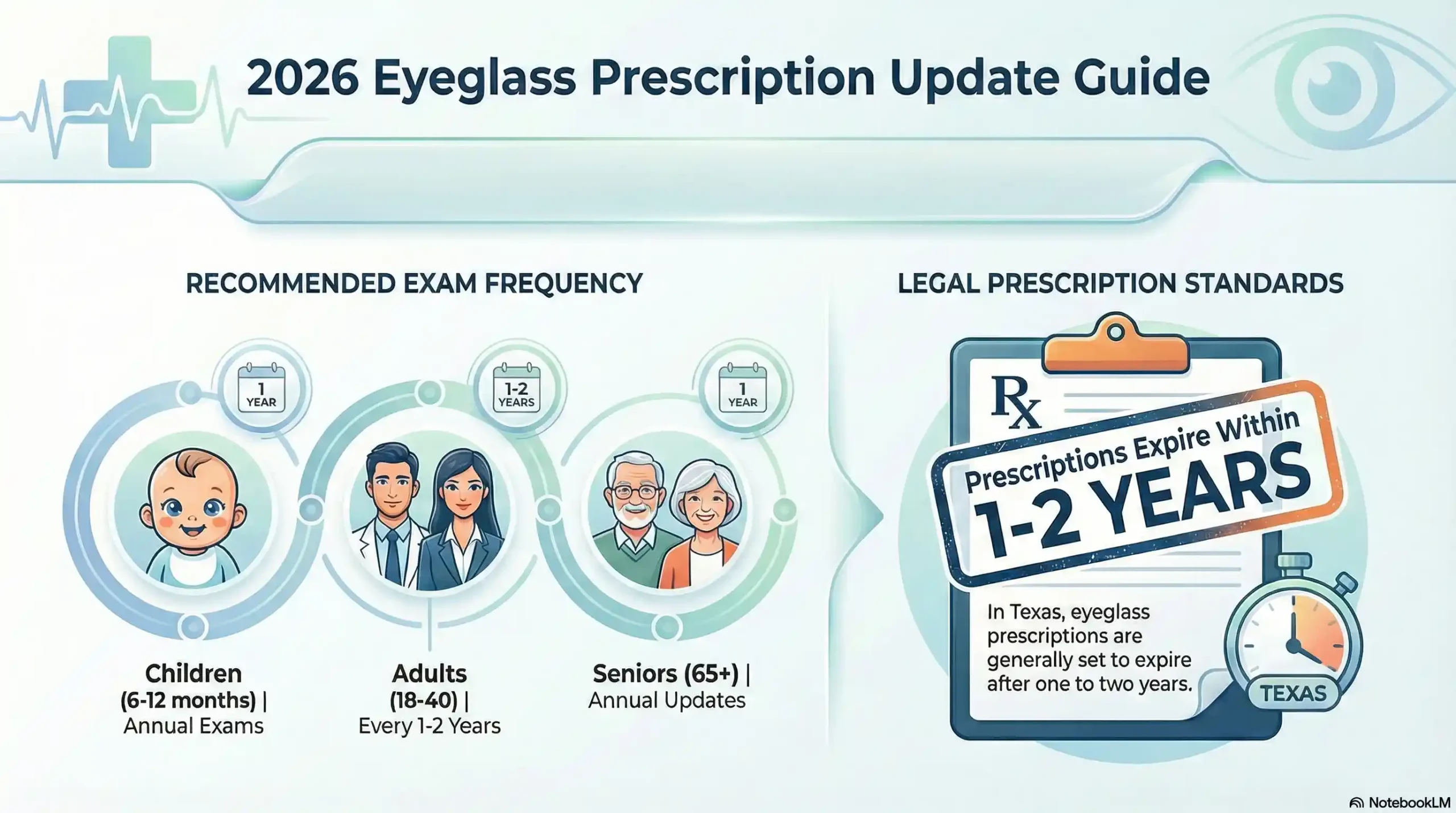 Chart showing how often to update glasses prescriptions by age and Texas law requirements.
