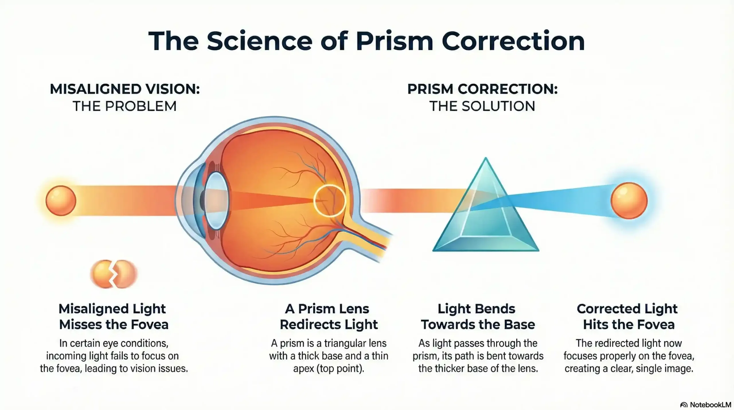Diagram showing how prism lenses bend light to correct eye misalignment and double vision.