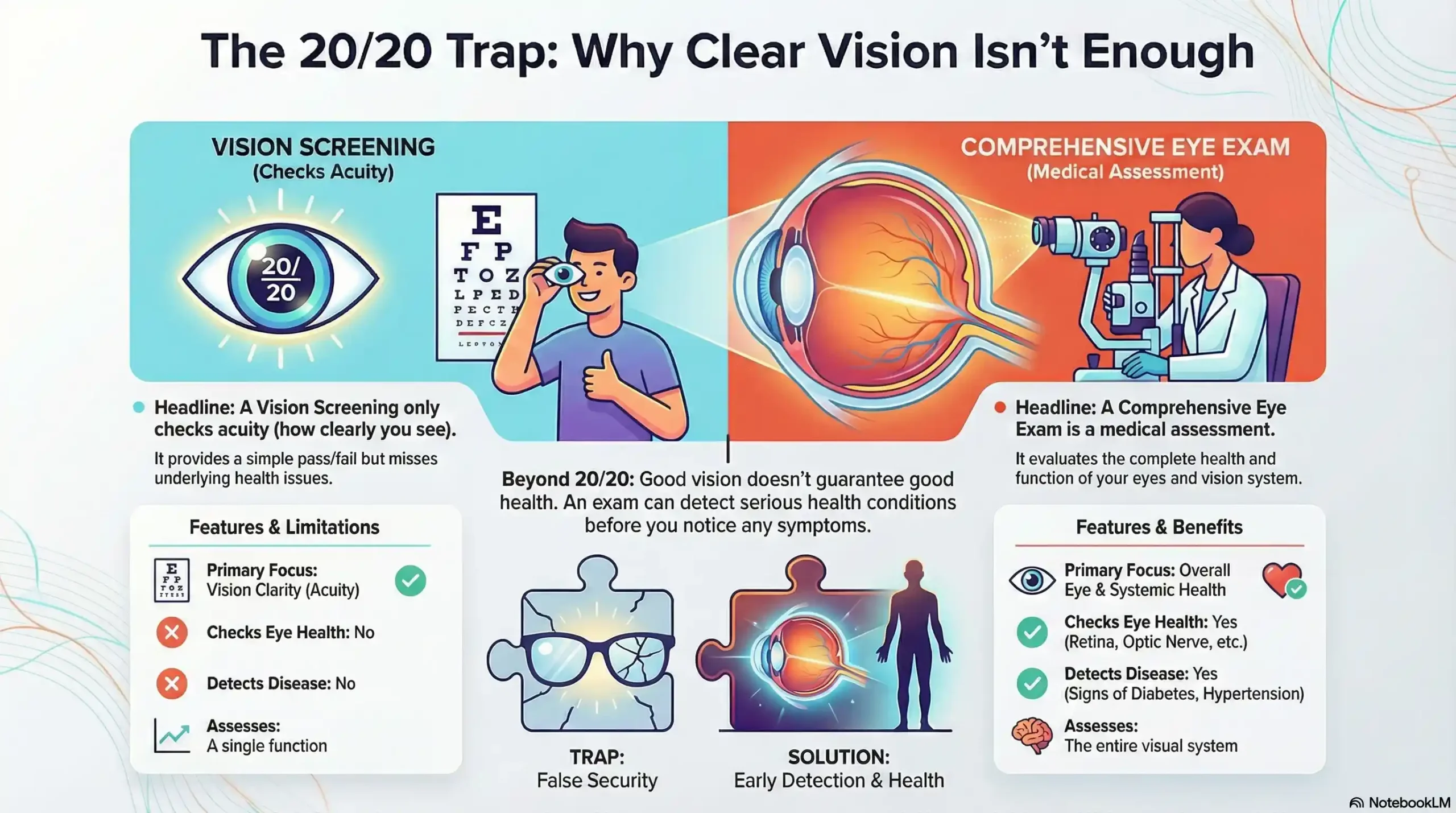 Infographic comparing the medical capabilities of comprehensive eye exams vs basic vision screenings.