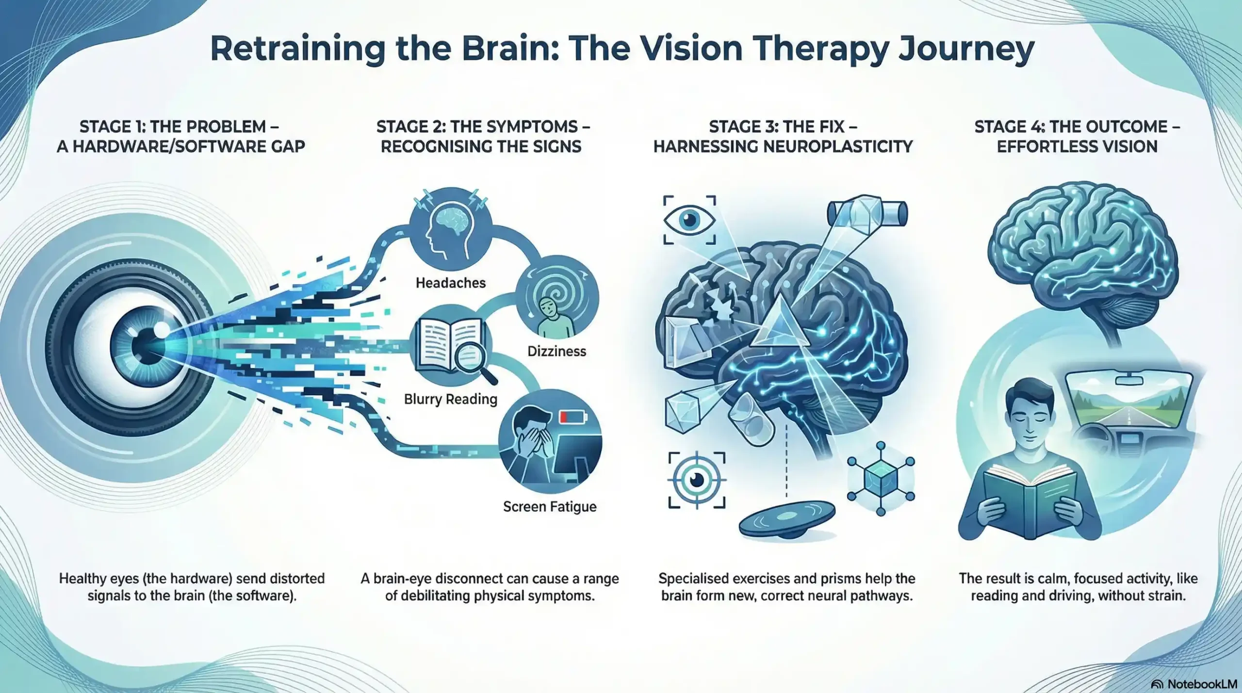Infographic showing the 4-step vision therapy process for retraining the brain and eyes.