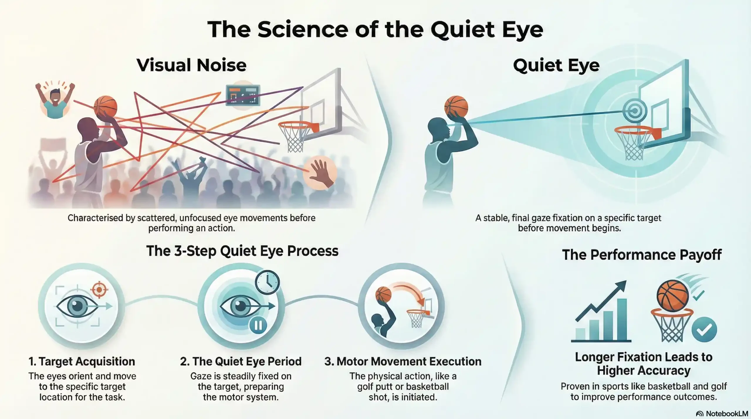 Diagram explaining the Quiet Eye technique and its impact on athletic success rates.