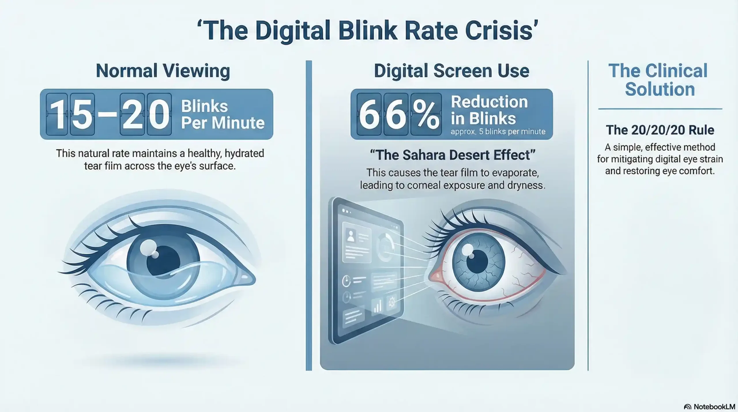 Infographic comparing normal human blink rates vs. digital device blink rates.