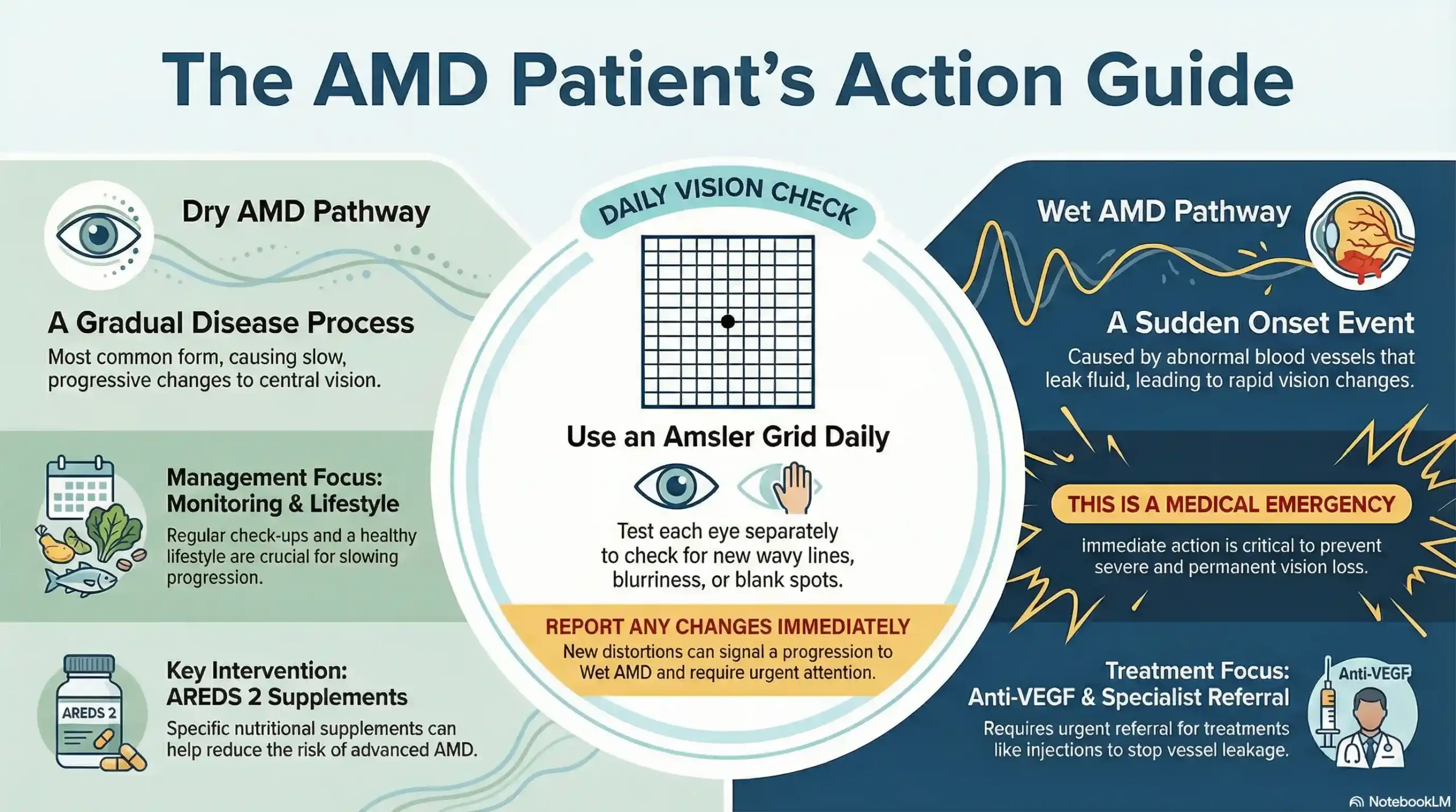 Comparison flow chart of Dry vs Wet Macular Degeneration symptoms and treatment urgency.