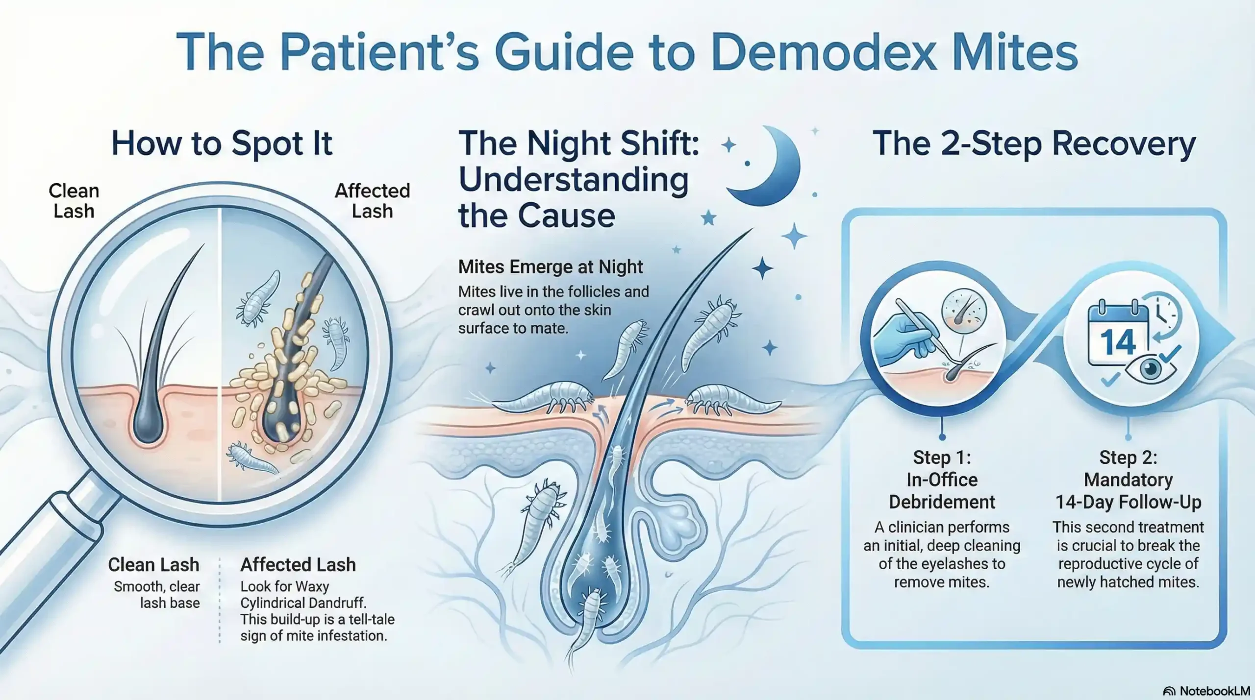 Diagram showing Demodex mite cylindrical dandruff on eyelashes and the 18-day reproductive cycle.