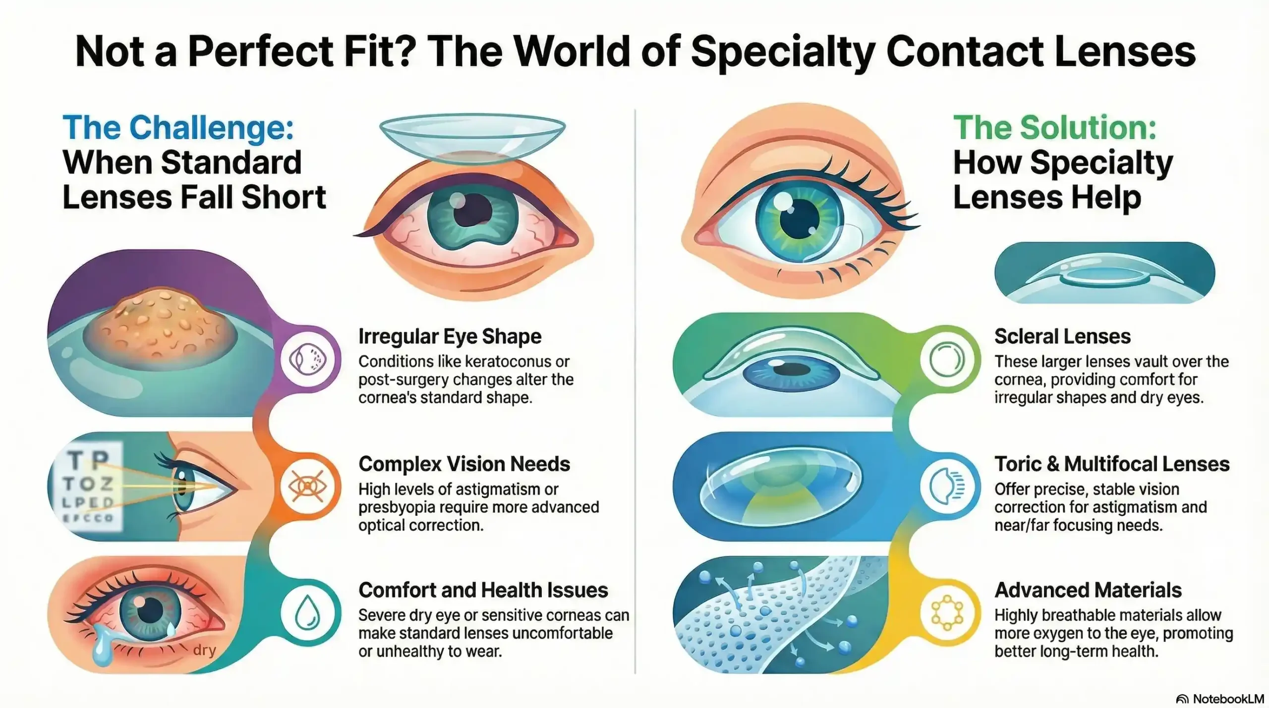A comparative chart illustrating different specialty contact lens varieties, including scleral, toric, and multifocal lenses, for patients with keratoconus or dry eye syndrome.