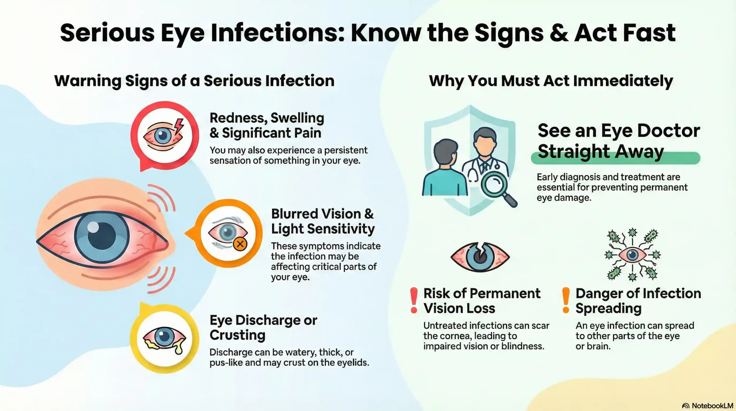 A medical comparison chart showing symptoms of a serious eye infection—such as severe pain and vision loss—contrasted with signs of mild eye irritation.