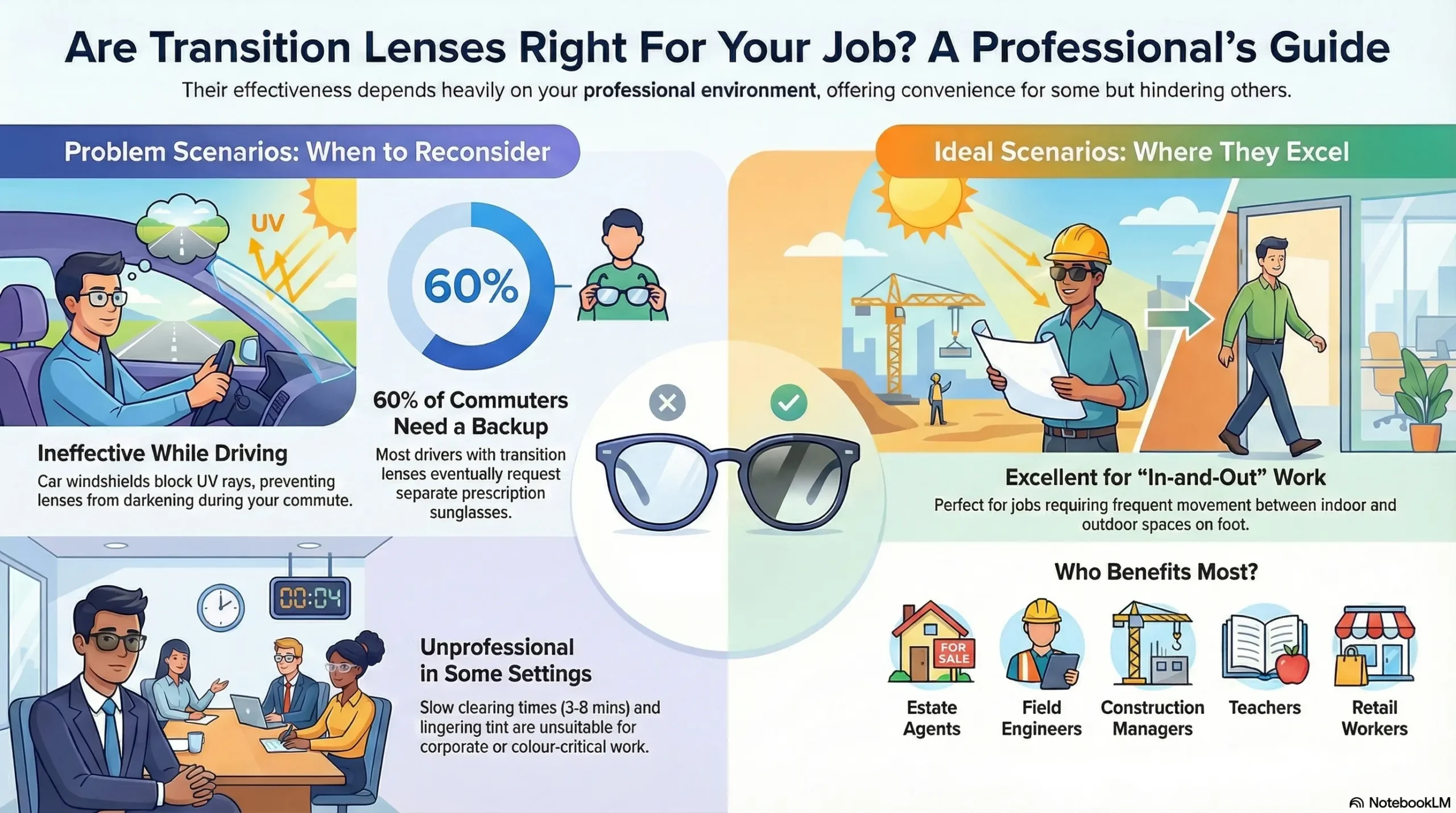 Transition lenses remaining clear while driving due to UV blockage, causing problems for Houston professionals.