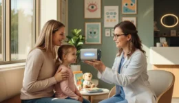 Eye doctor examining a child with a droopy eyelid to assess ptosis and vision health in Richmond Texas