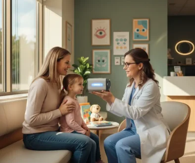 Eye doctor examining a child with a droopy eyelid to assess ptosis and vision health in Richmond Texas