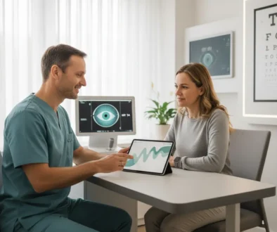 Optometrist explaining eye pressure test results to a patient in Richmond Texas