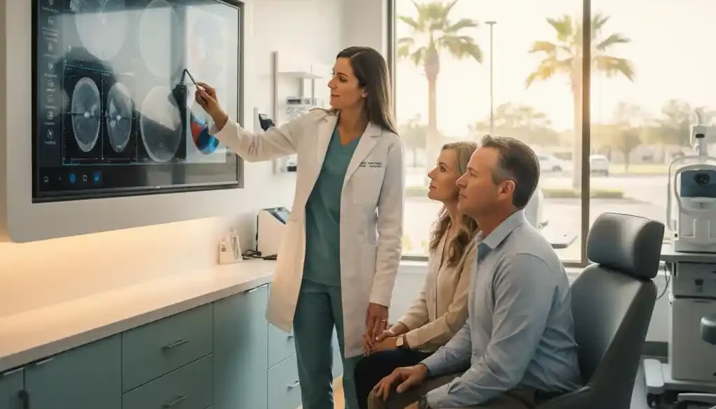 Richmond eye doctor reviewing dry eye diagnostic imaging with patient in modern clinic