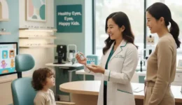 Richmond TX eye doctor explaining safe eye drops for children to a parent in a modern clinic.