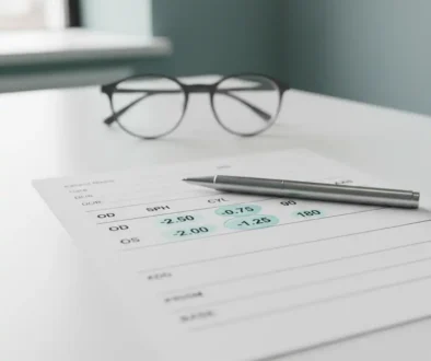 Close-up of an eye prescription sheet highlighting CYL (Cylinder) and Axis values used to correct astigmatism.