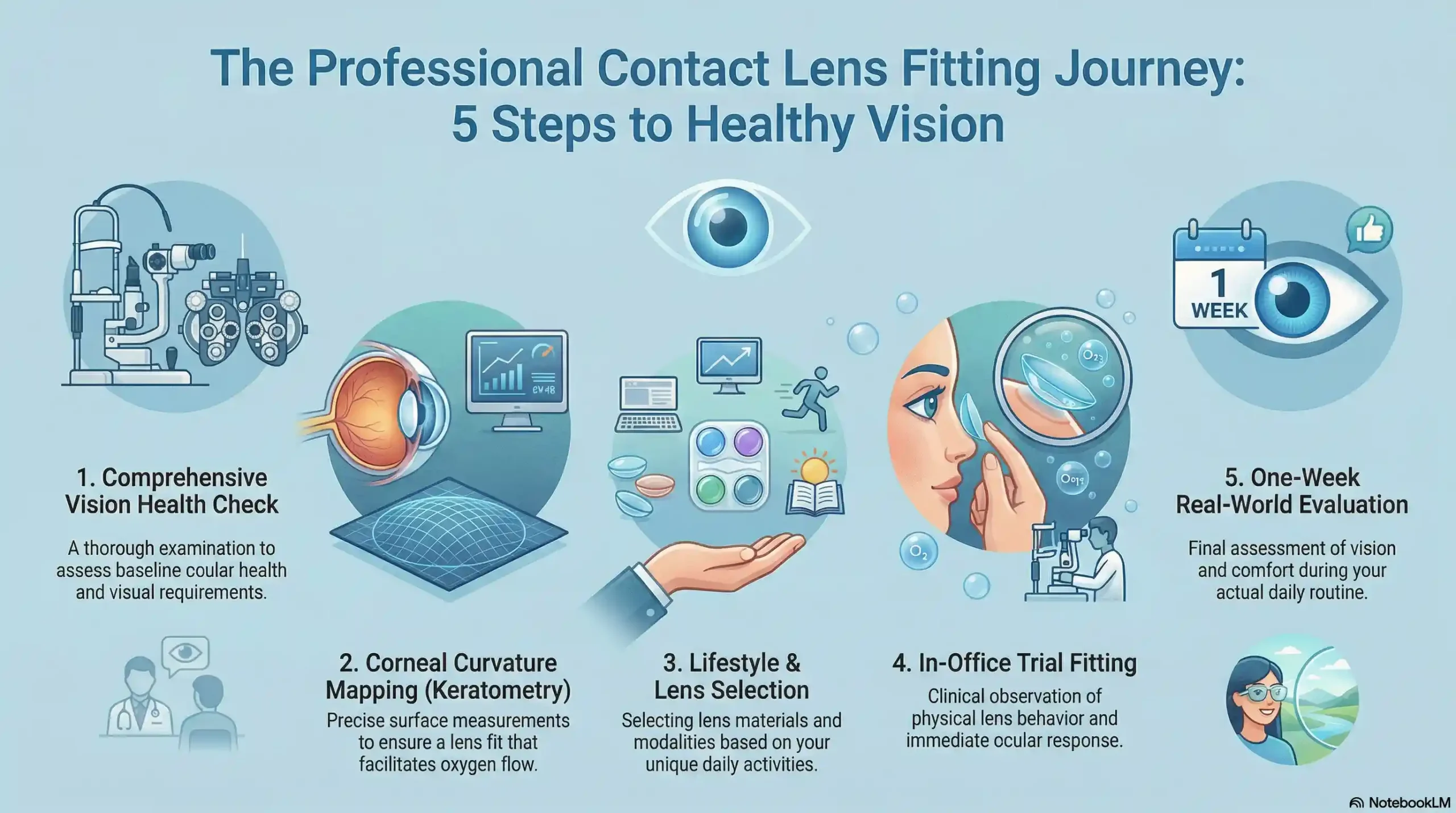 Infographic showing the 5-step contact lens fitting process from initial exam to final prescription.