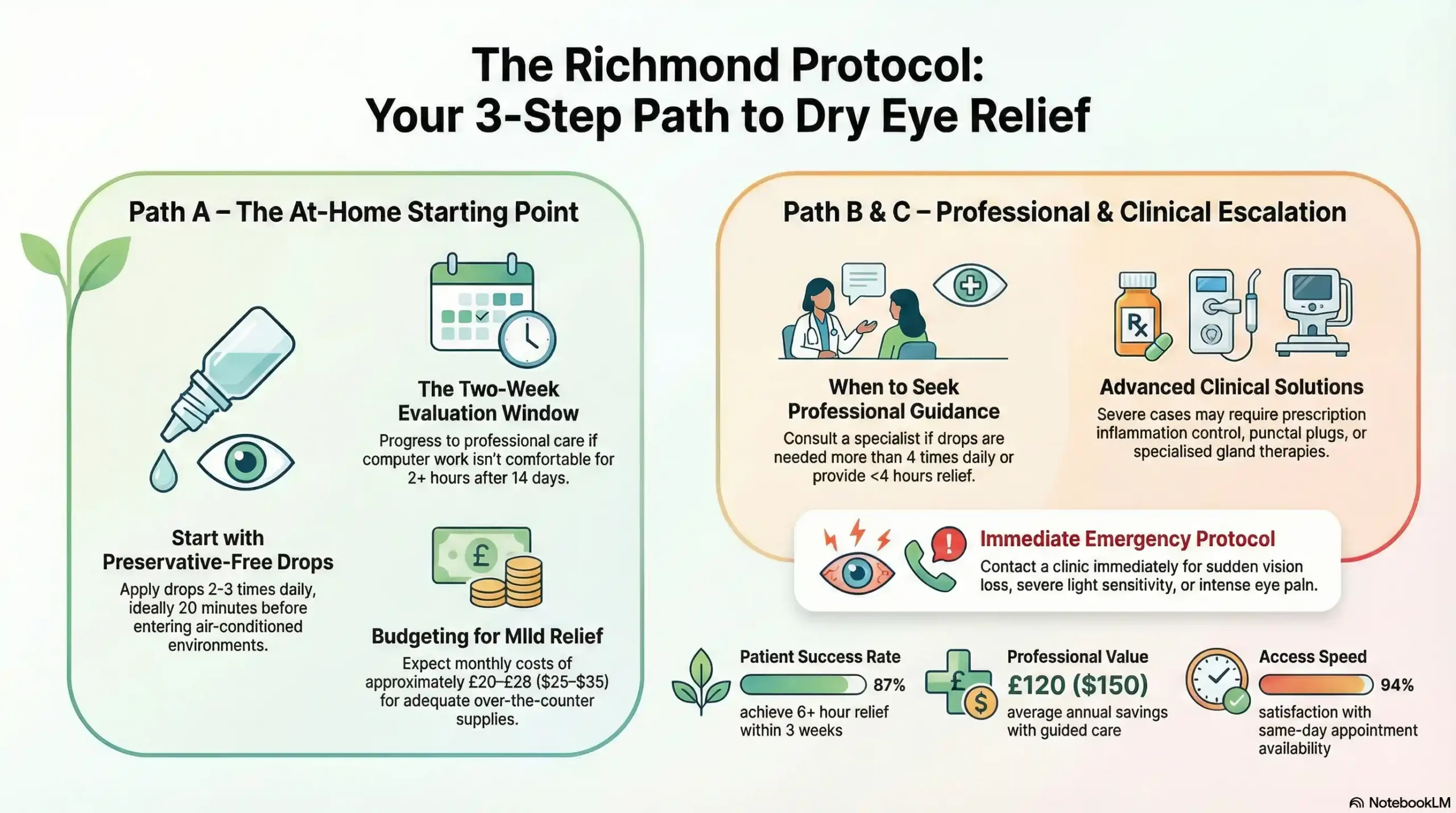 A flowchart illustrating the Richmond Dry Eye Protocol. It displays three decision paths based on symptom severity: Path A for mild symptoms using OTC drops, Path B for moderate symptoms requiring professional evaluation, and Path C for severe symptoms needing prescription intervention