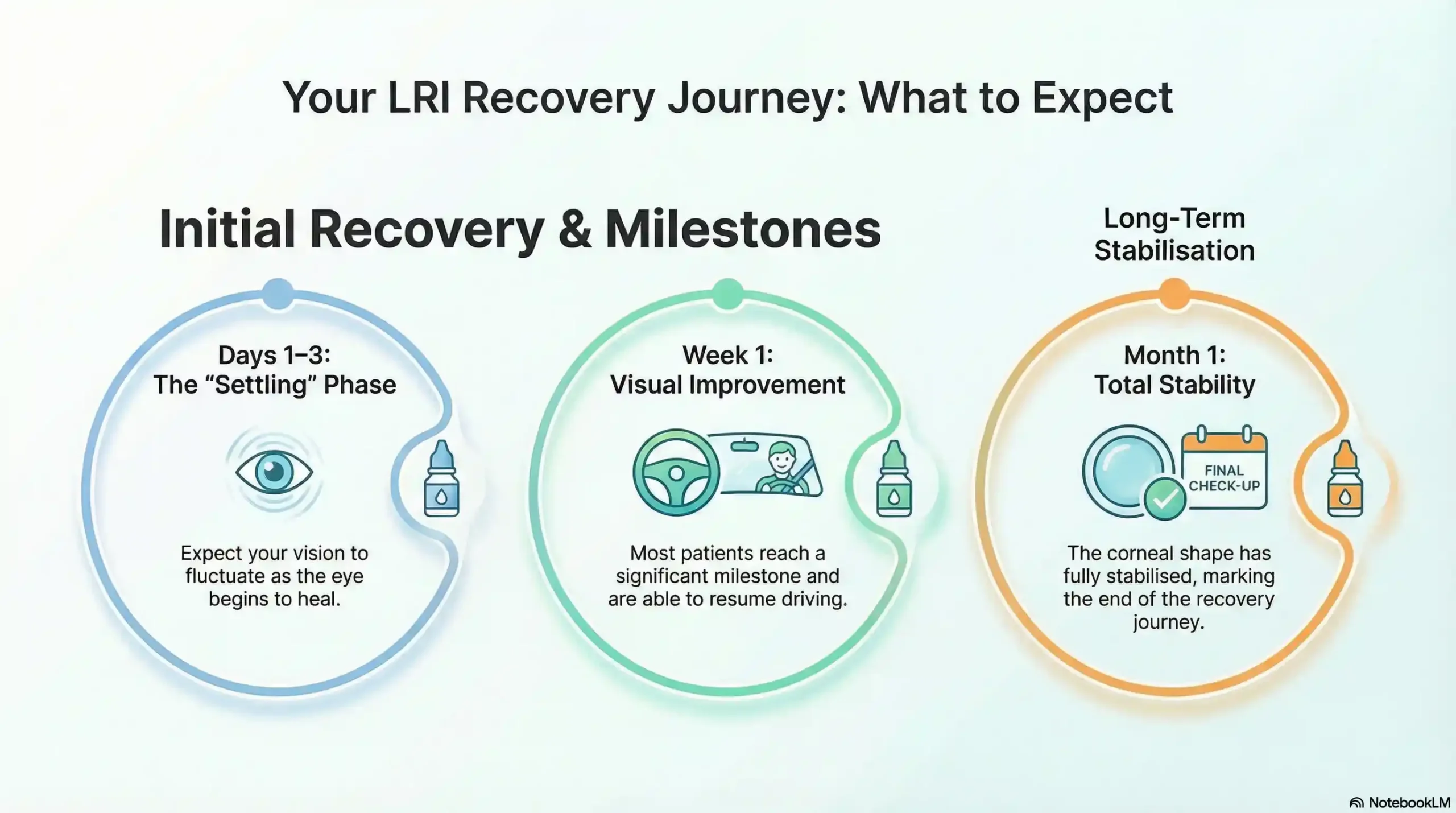 Infographic showing the 4-week recovery timeline for Limbal Relaxing Incision surgery, from initial grit sensation to visual stability.