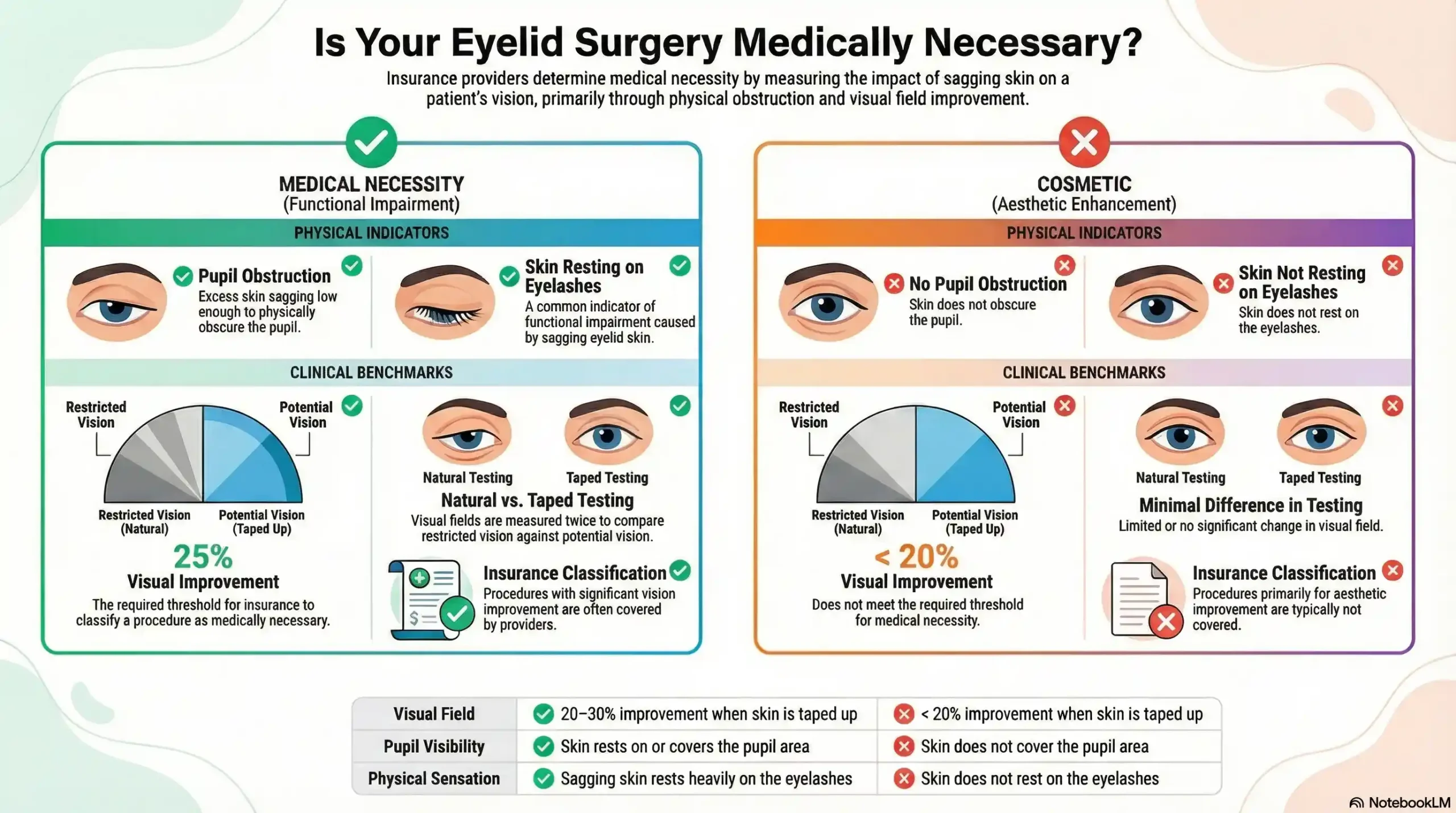 Comparison chart of medical vs cosmetic eyelid surgery requirements.