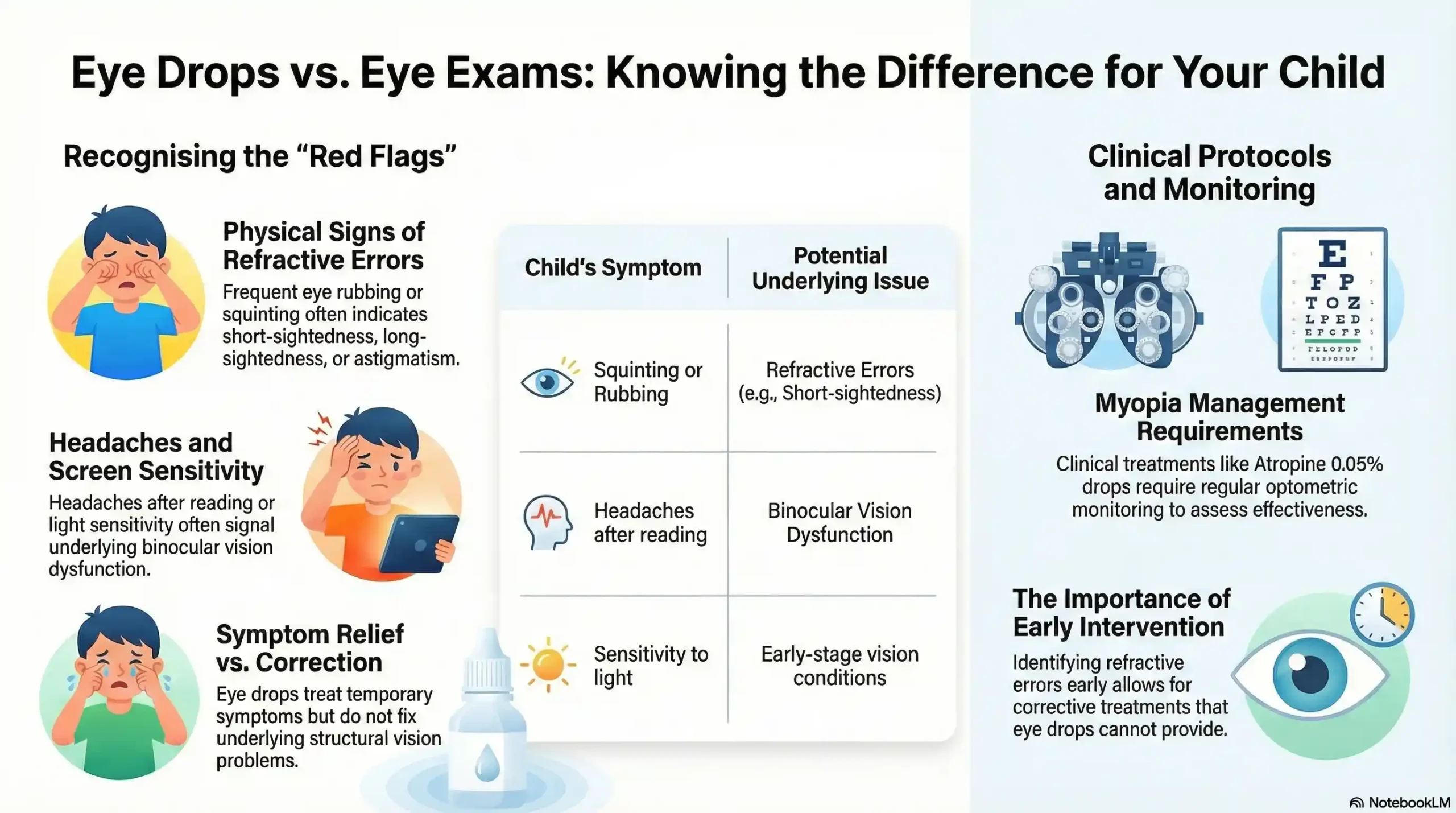 A decision flowchart comparing eye drops and eye exams based on symptom type and duration.