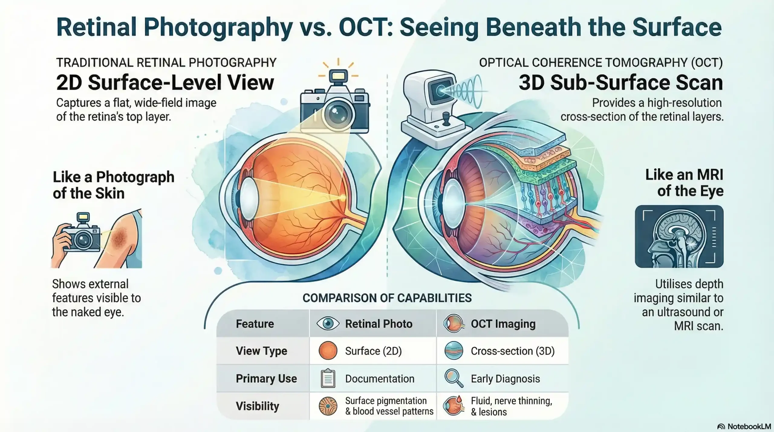 Comparison chart showing the differences between traditional 2D retinal photography and 3D Optical Coherence Tomography (OCT) scans.
