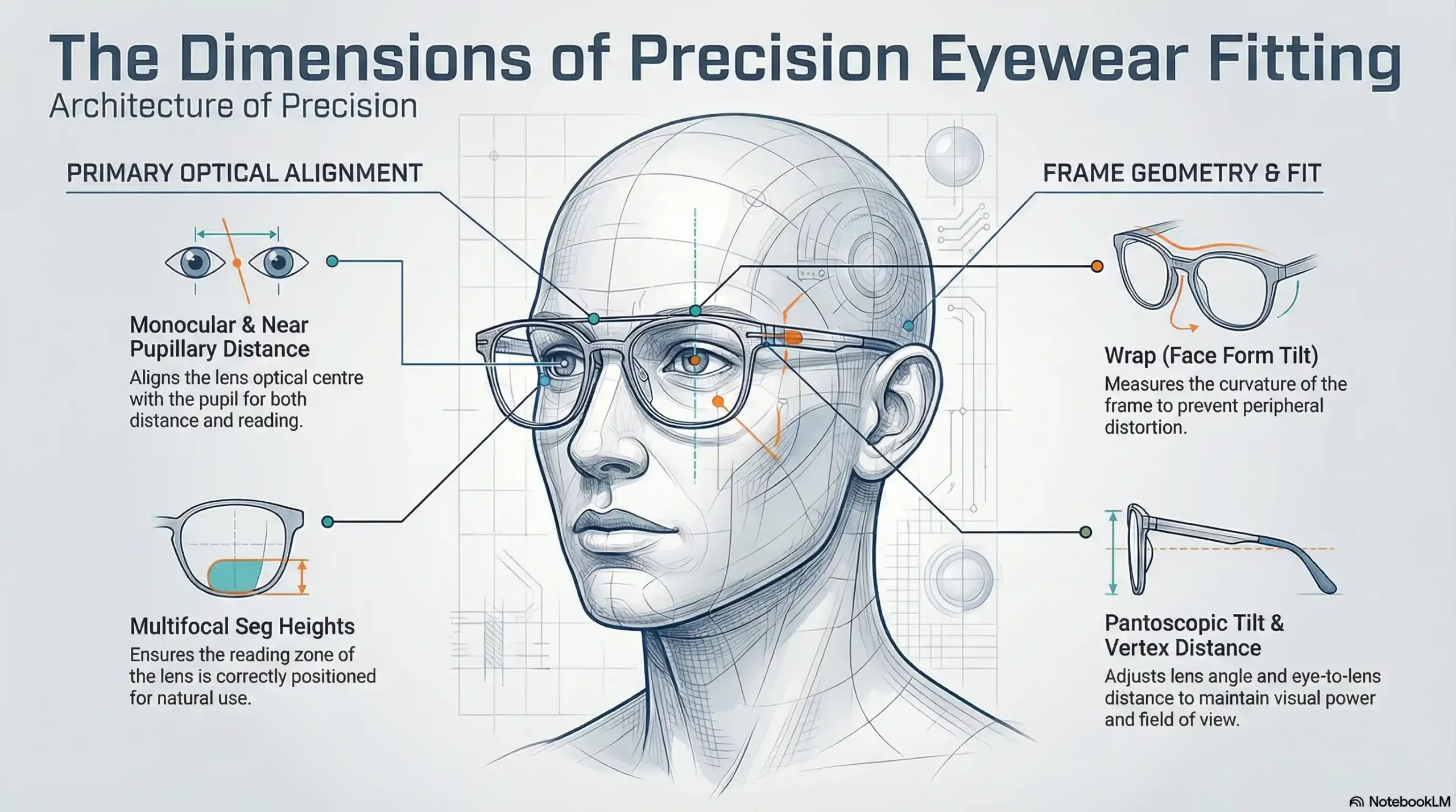 Infographic showing the 10 Optikam digital eyewear measurements including pupillary distance and pantoscopic tilt.