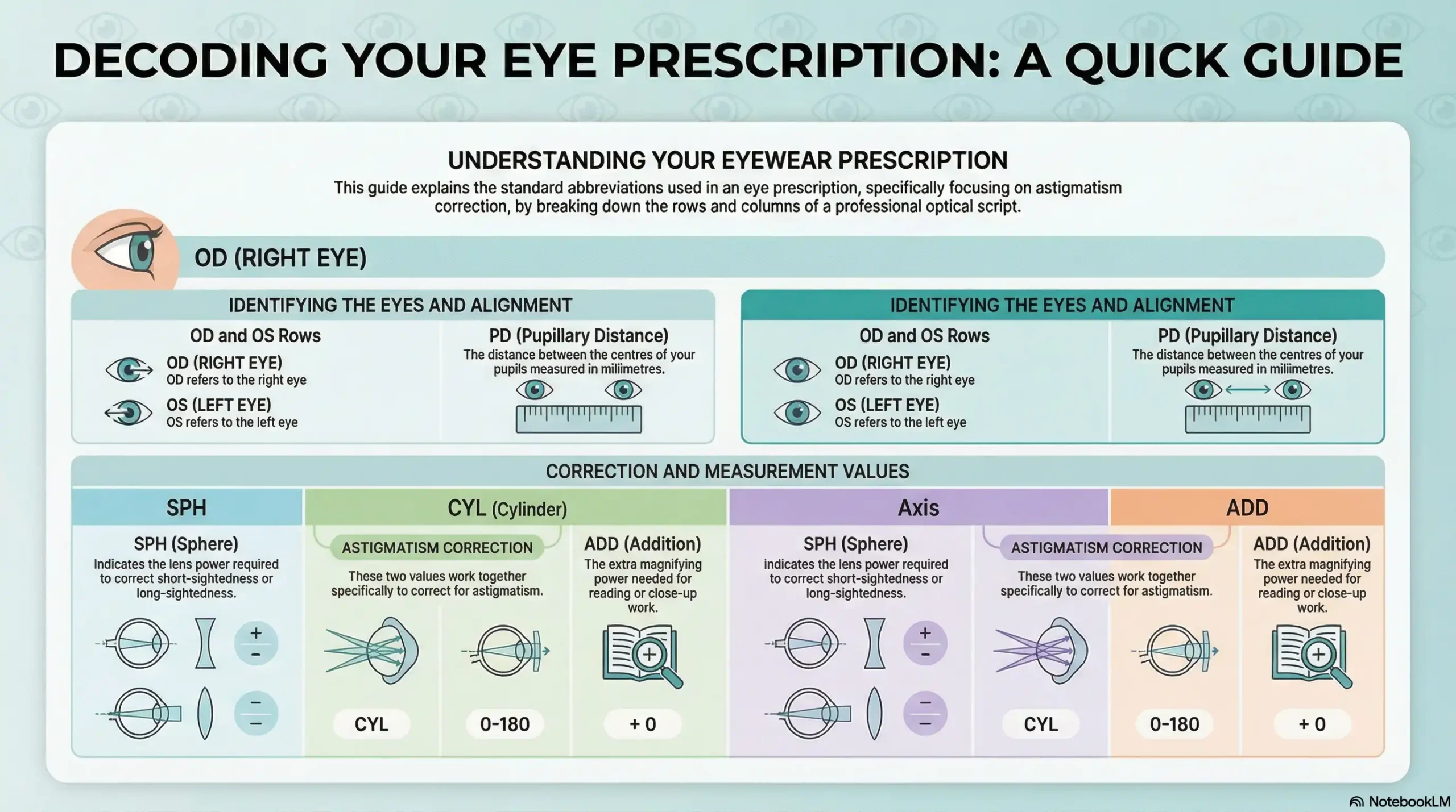 Annotated, color-coded diagram of an astigmatism prescription showing labeled fields for OD/OS, SPH, CYL, Axis, ADD, and PD.