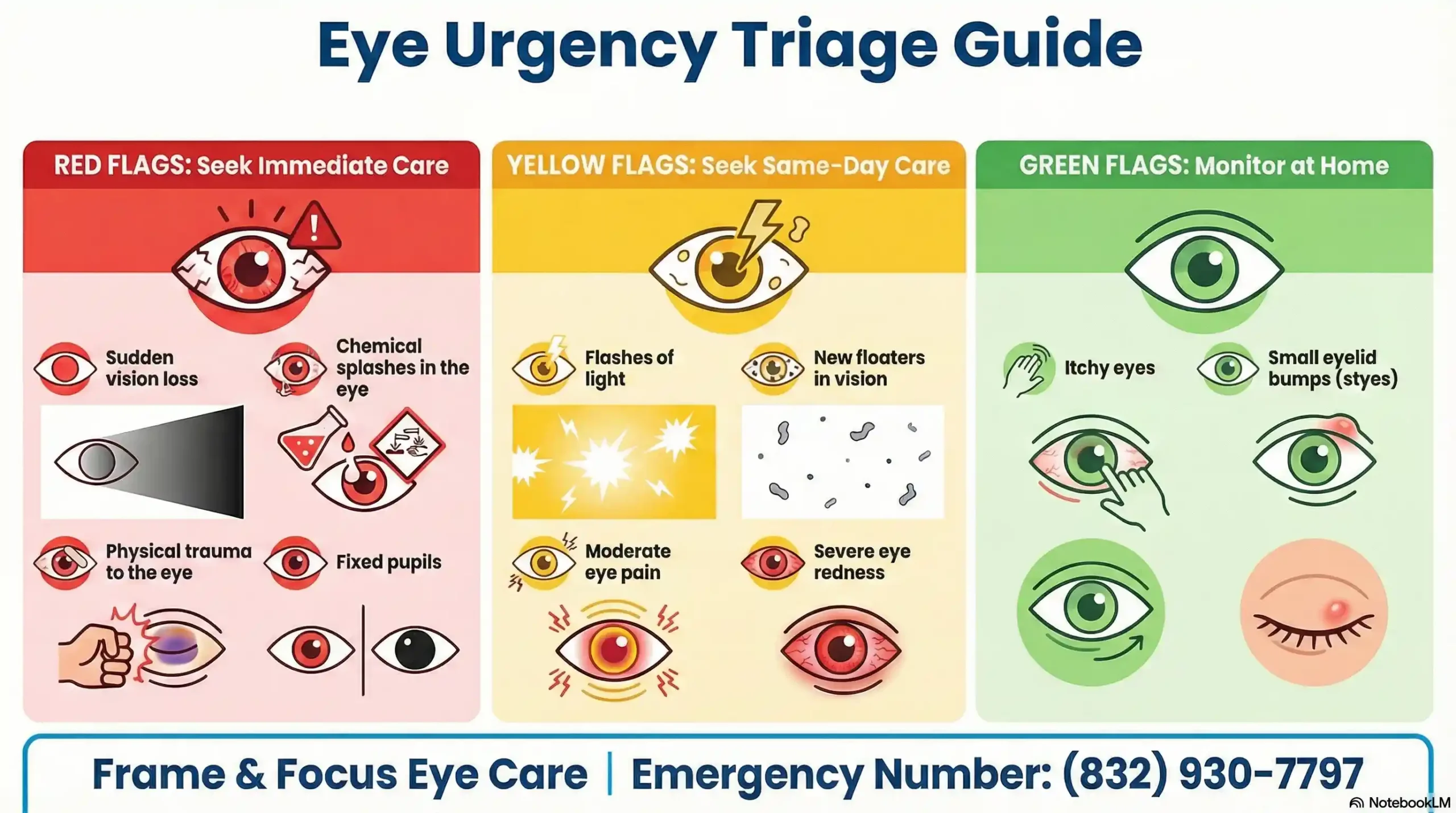 Eye Emergency Triage Chart for Red, Yellow, and Green Flag symptoms.