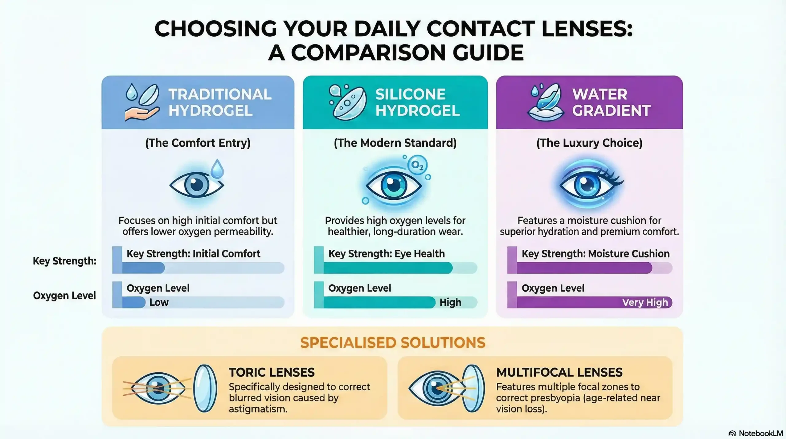 Comparison chart of daily contact lens types including silicone hydrogel and toric lenses.