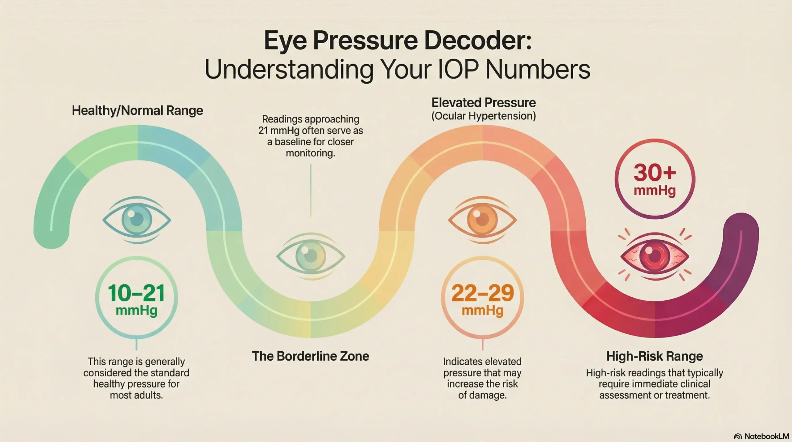Visual scale showing eye pressure ranges from 10 to 30+ mmHg in color-coded zones