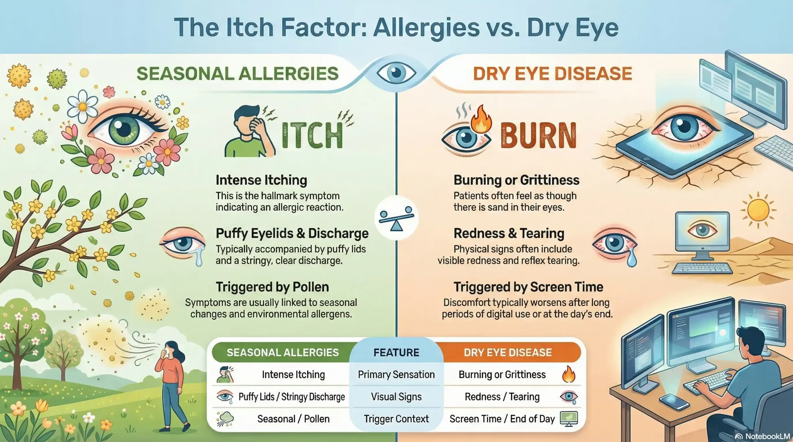 Chart comparing symptoms of seasonal eye allergies versus dry eye disease showing itchiness vs burning sensation.
