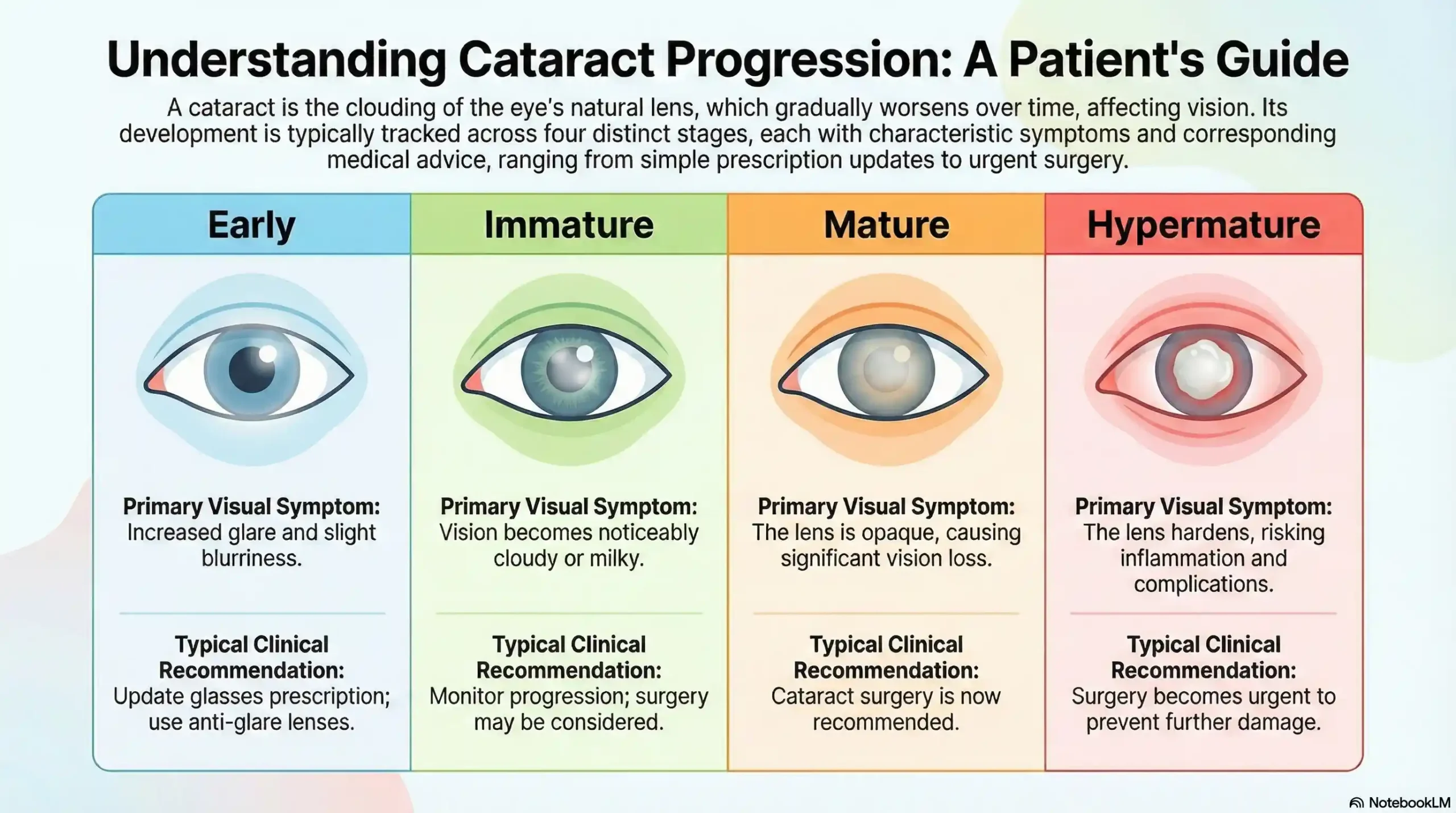 Chart showing the 4 stages of cataract progression from early blurring to hypermature density.