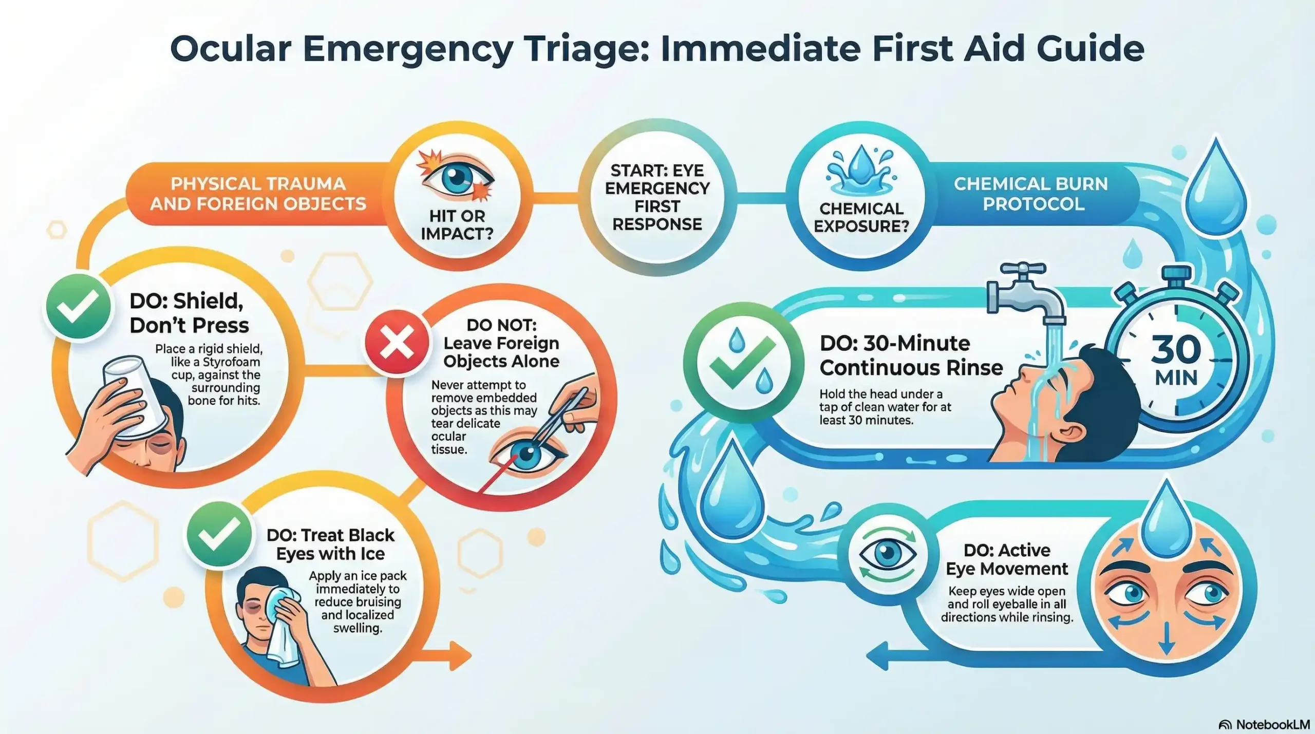 Flowchart illustrating immediate first aid steps for eye injuries including blunt force, foreign objects, and chemical burns.