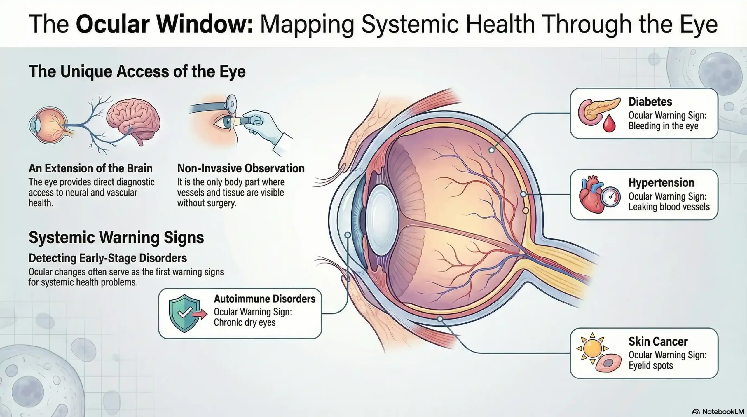 Infographic showing systemic health conditions like diabetes and hypertension detectable through a routine eye exam.