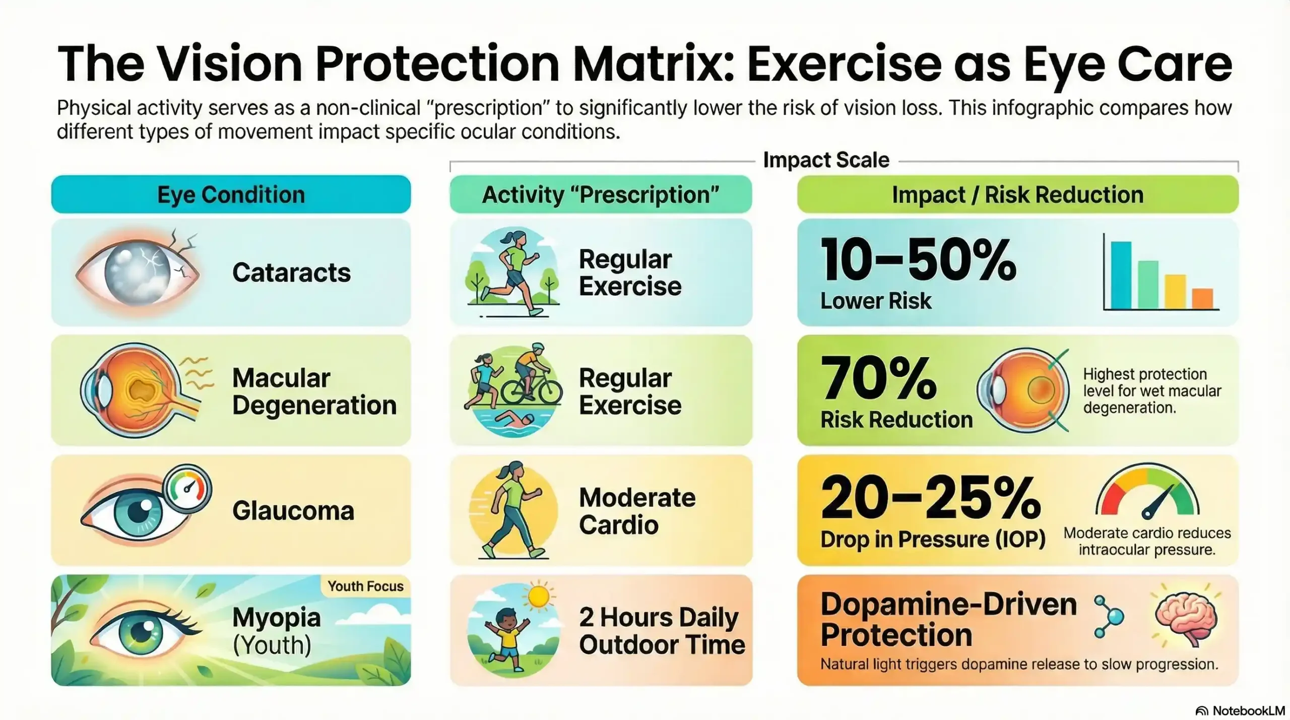 Chart showing percentage risk reduction for cataracts, macular degeneration, and glaucoma through regular exercise.