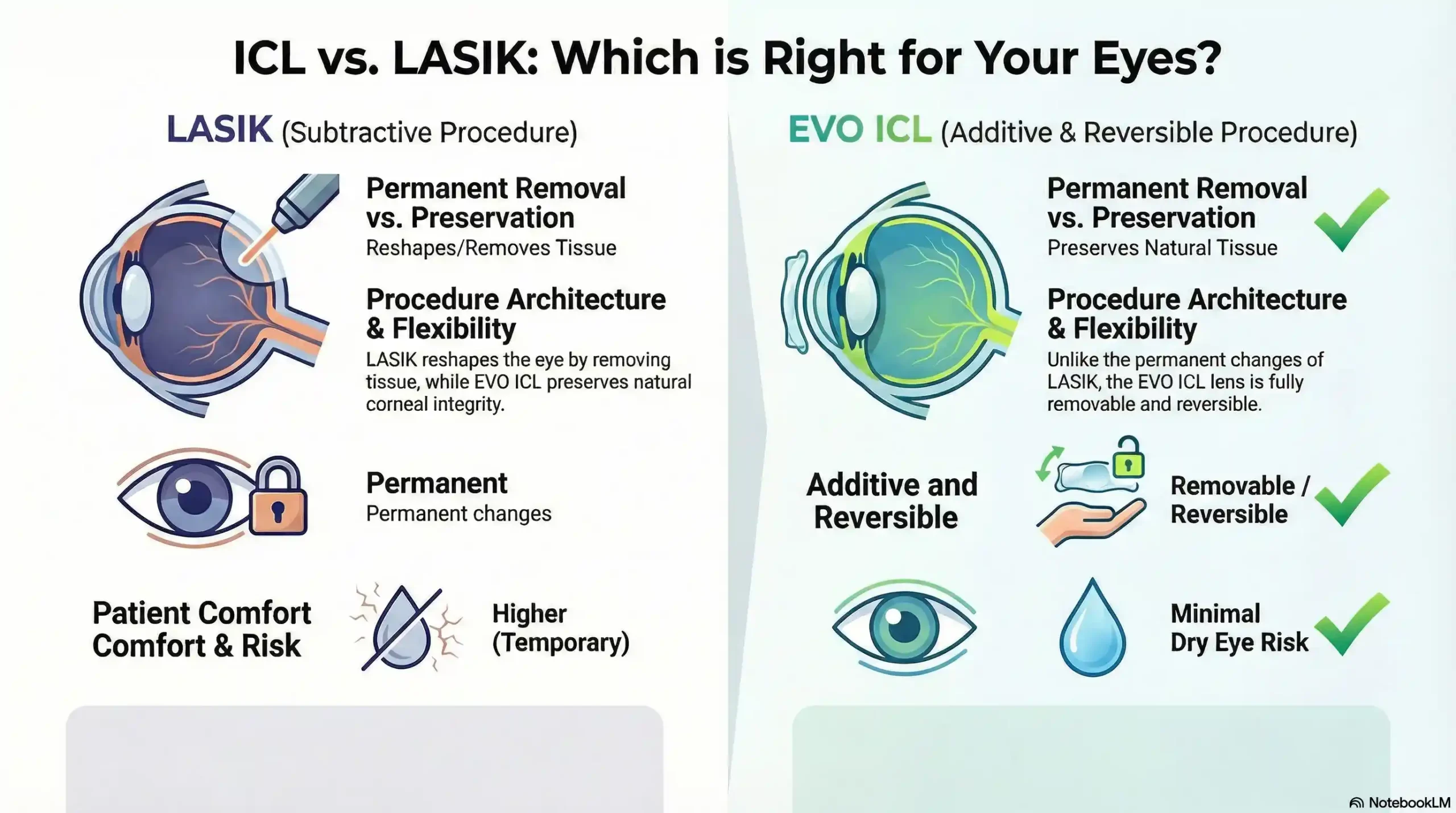 Comparison chart of ICL vs LASIK showing corneal tissue preservation and dry eye risk levels.