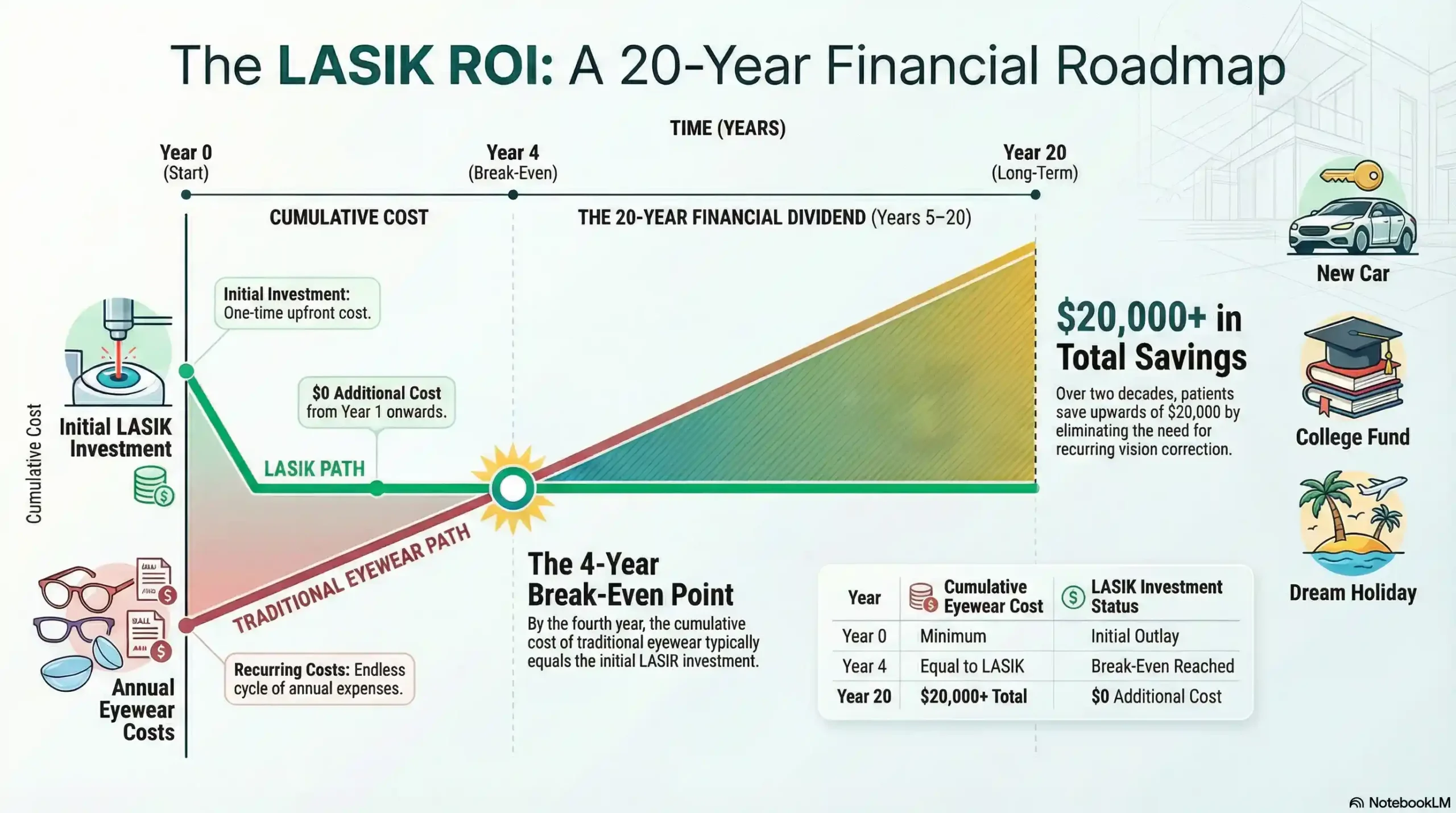 Infographic showing the 20-year cost comparison between LASIK surgery and daily contact lens wear