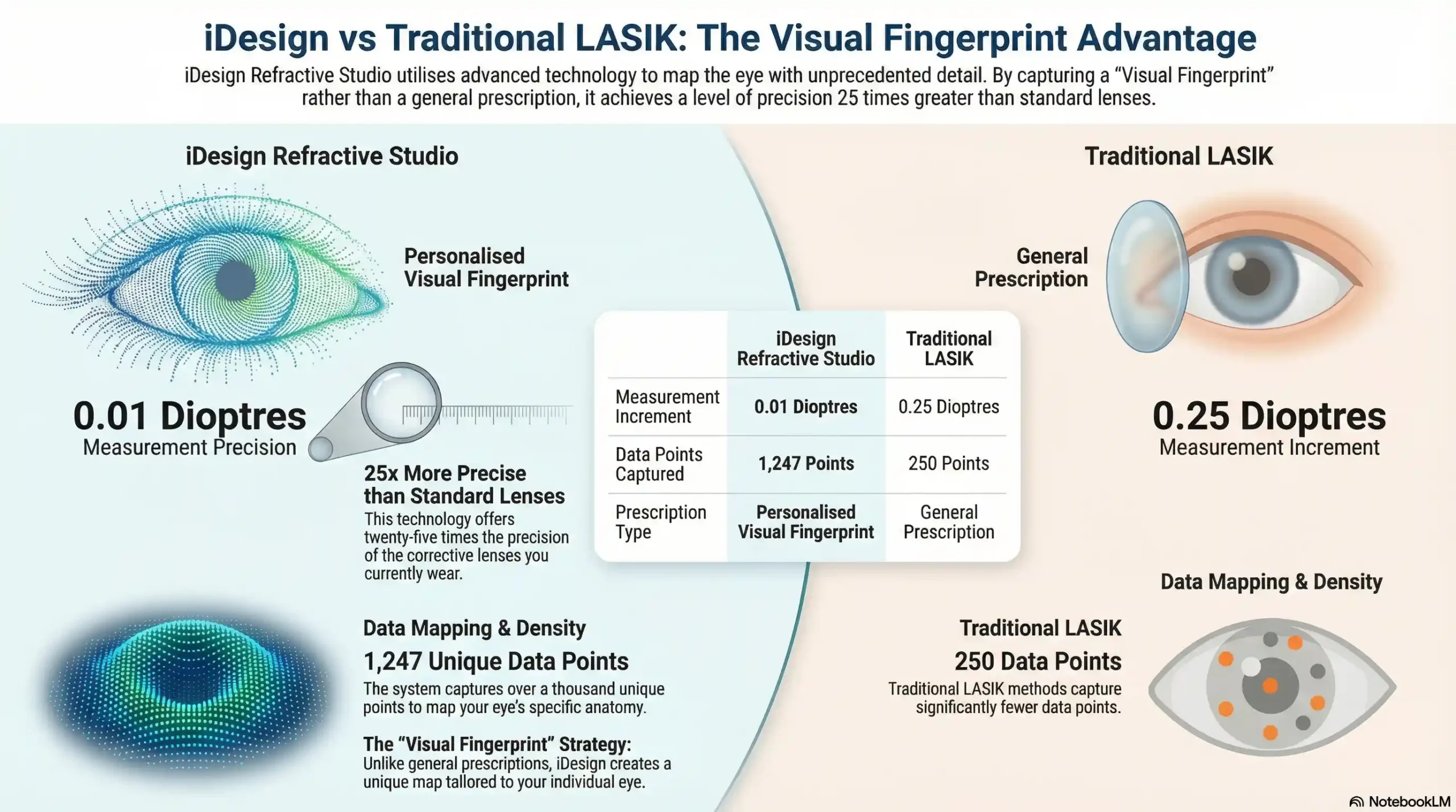 Comparison chart showing iDesign Custom LASIK vs Traditional LASIK precision levels and data points.