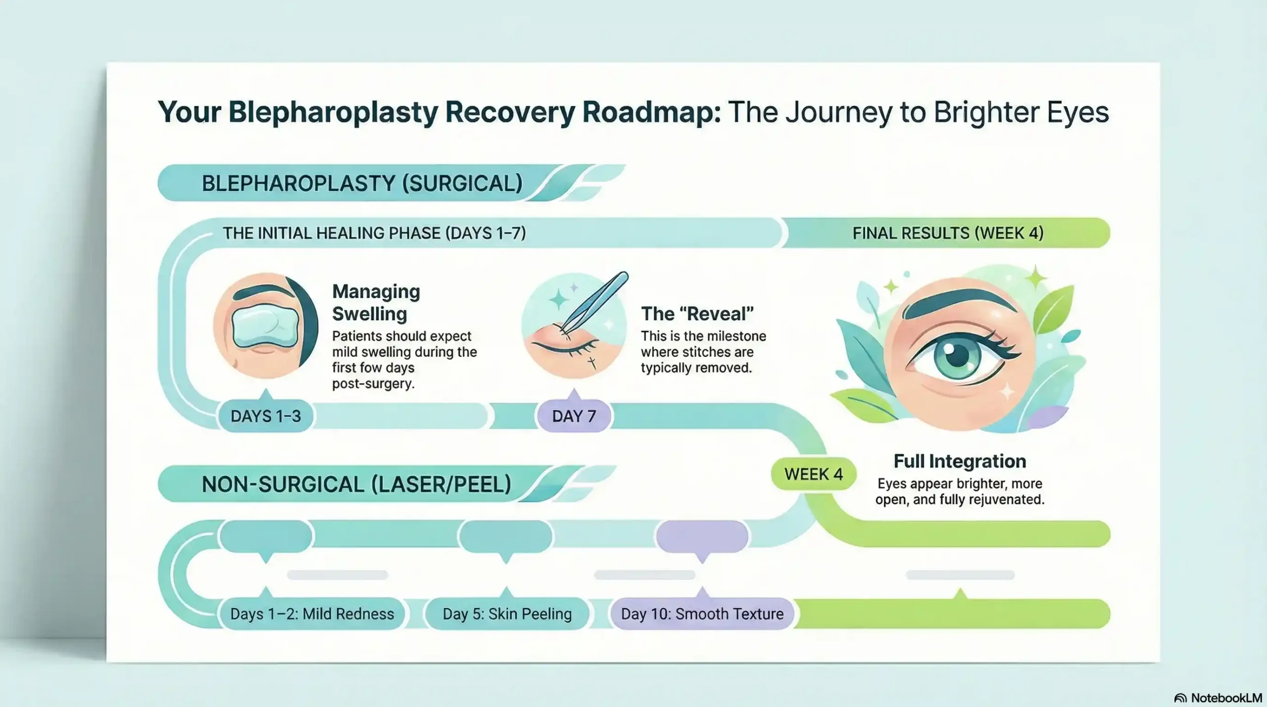 Recovery timeline for blepharoplasty and non-surgical cosmetic eye treatments showing progress from Day 1 to Week 4.