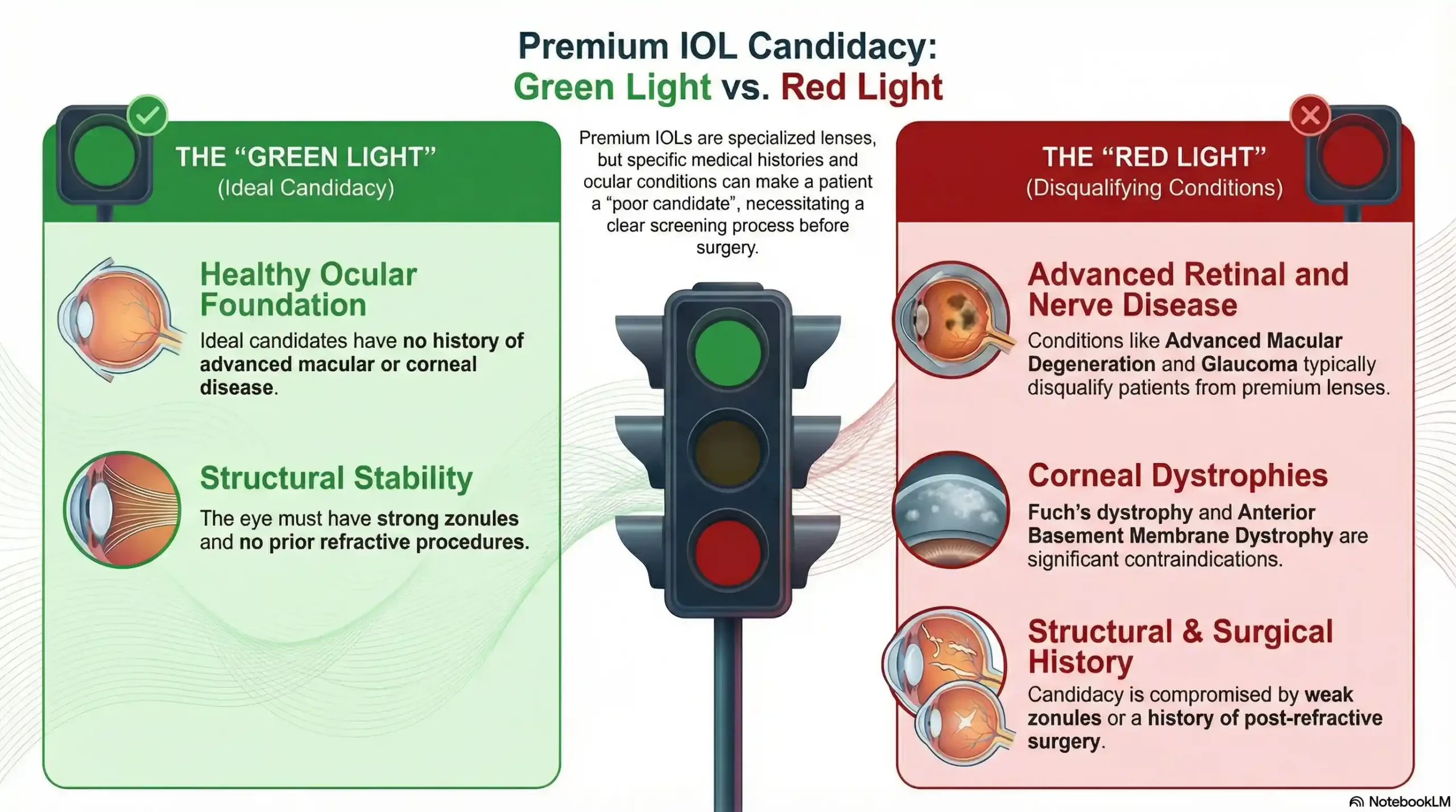 Checklist for Premium IOL surgery candidacy vs standard cataract surgery.
