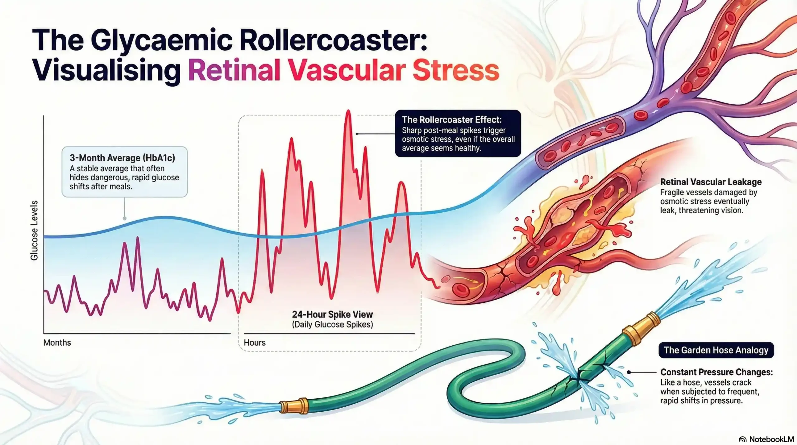 Diagram showing how glucose spikes cause osmotic stress and retinal vessel leaking compared to stable blood sugar.