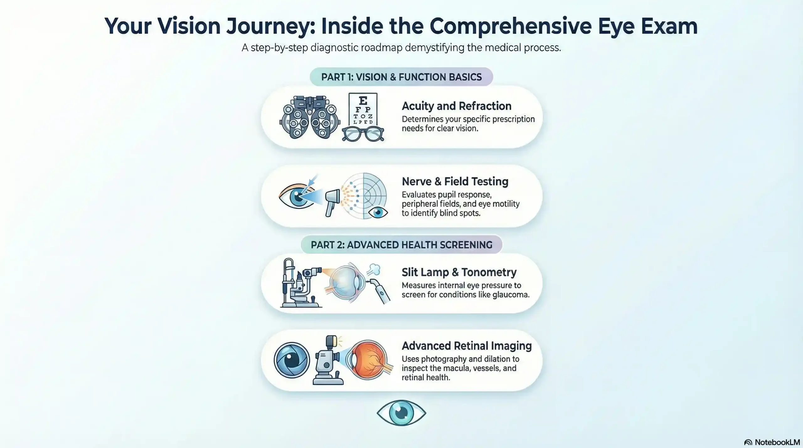 Infographic showing the 5 stages of a comprehensive eye disease exam at Frame & Focus Eye Care.