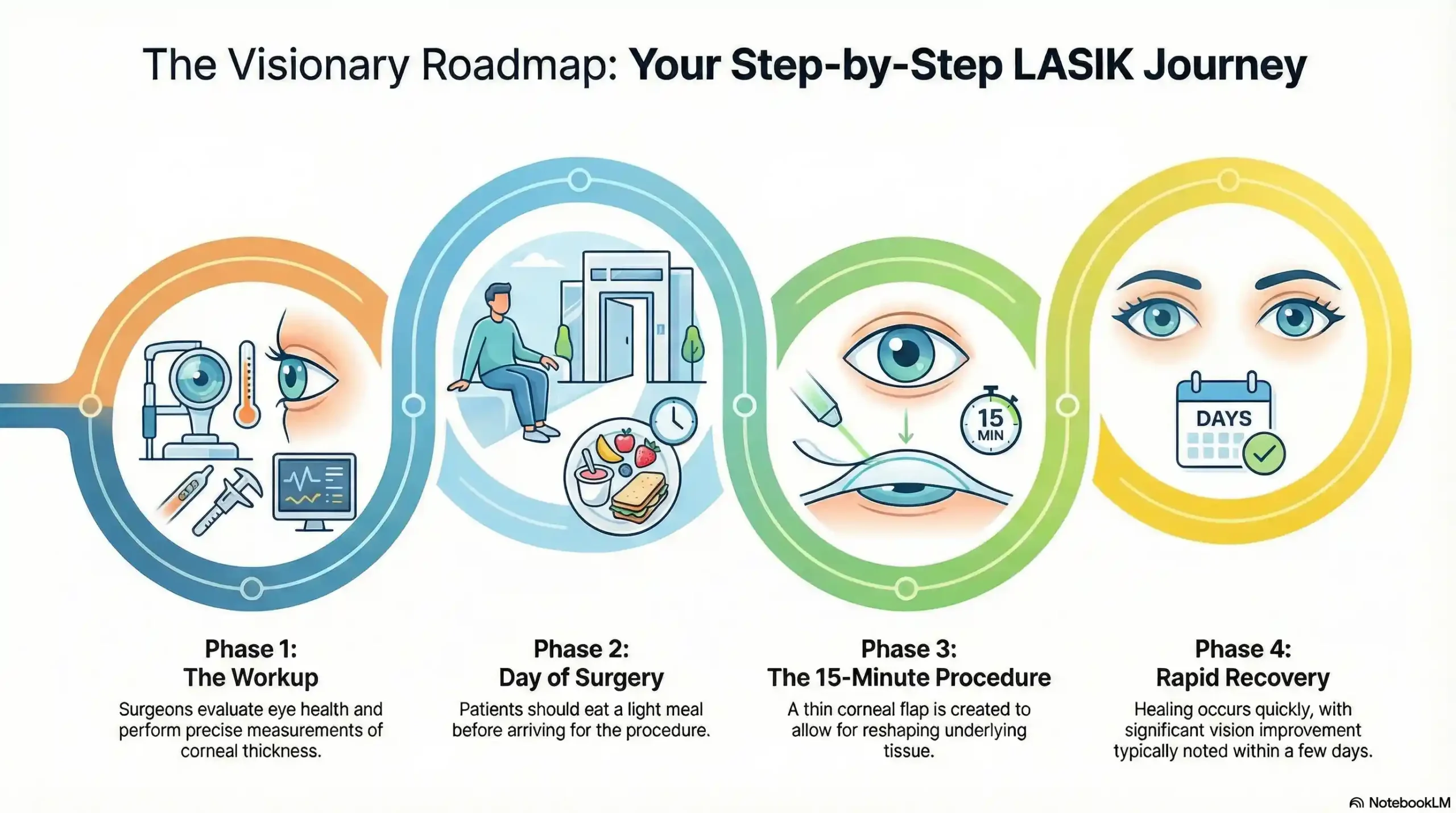 Infographic showing the step-by-step process of preparing for and undergoing LASIK eye surgery at Frame & Focus Eye Care.