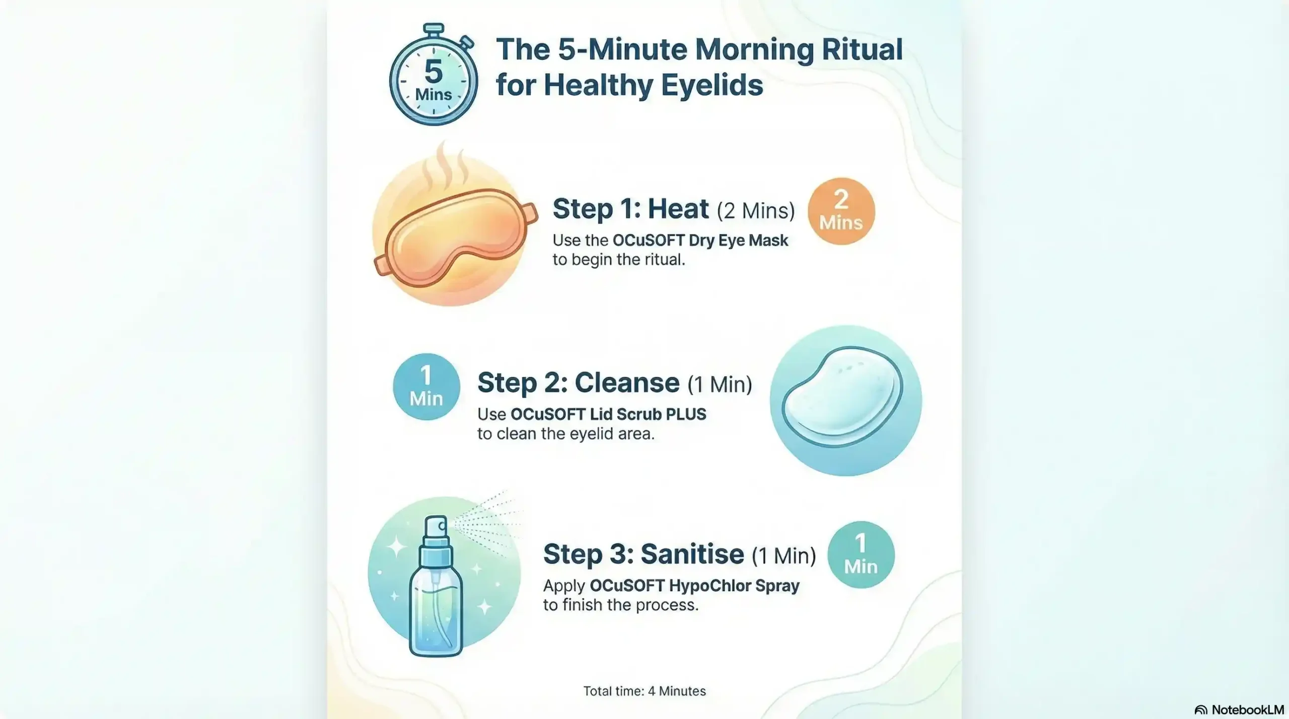 Infographic showing the 3-step OCuSOFT morning eye hygiene routine: Heat, Cleanse, and Sanitize.