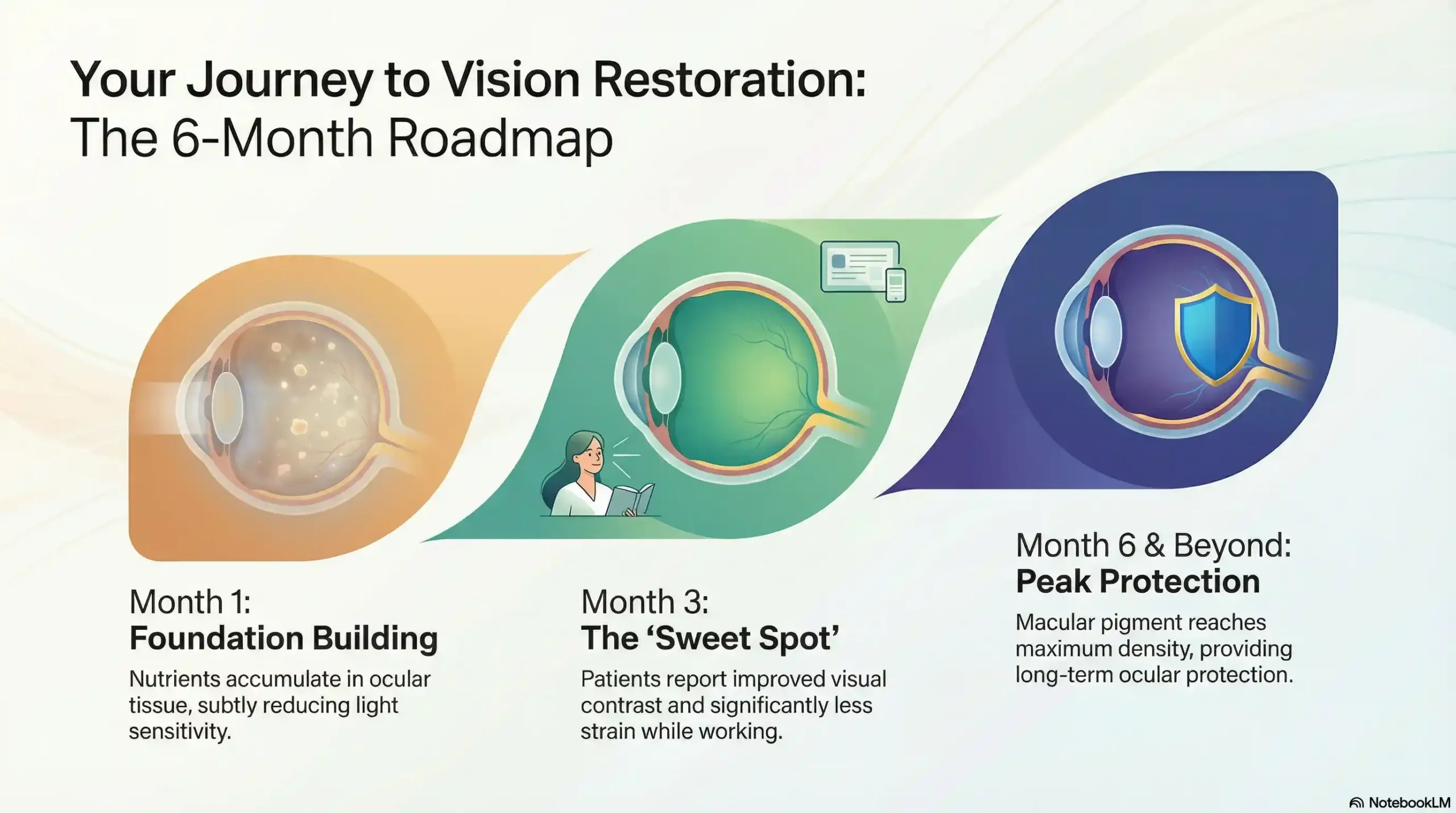 Infographic showing the 6-month timeline of MacuHealth results for retinal pigment density and blue light protection.