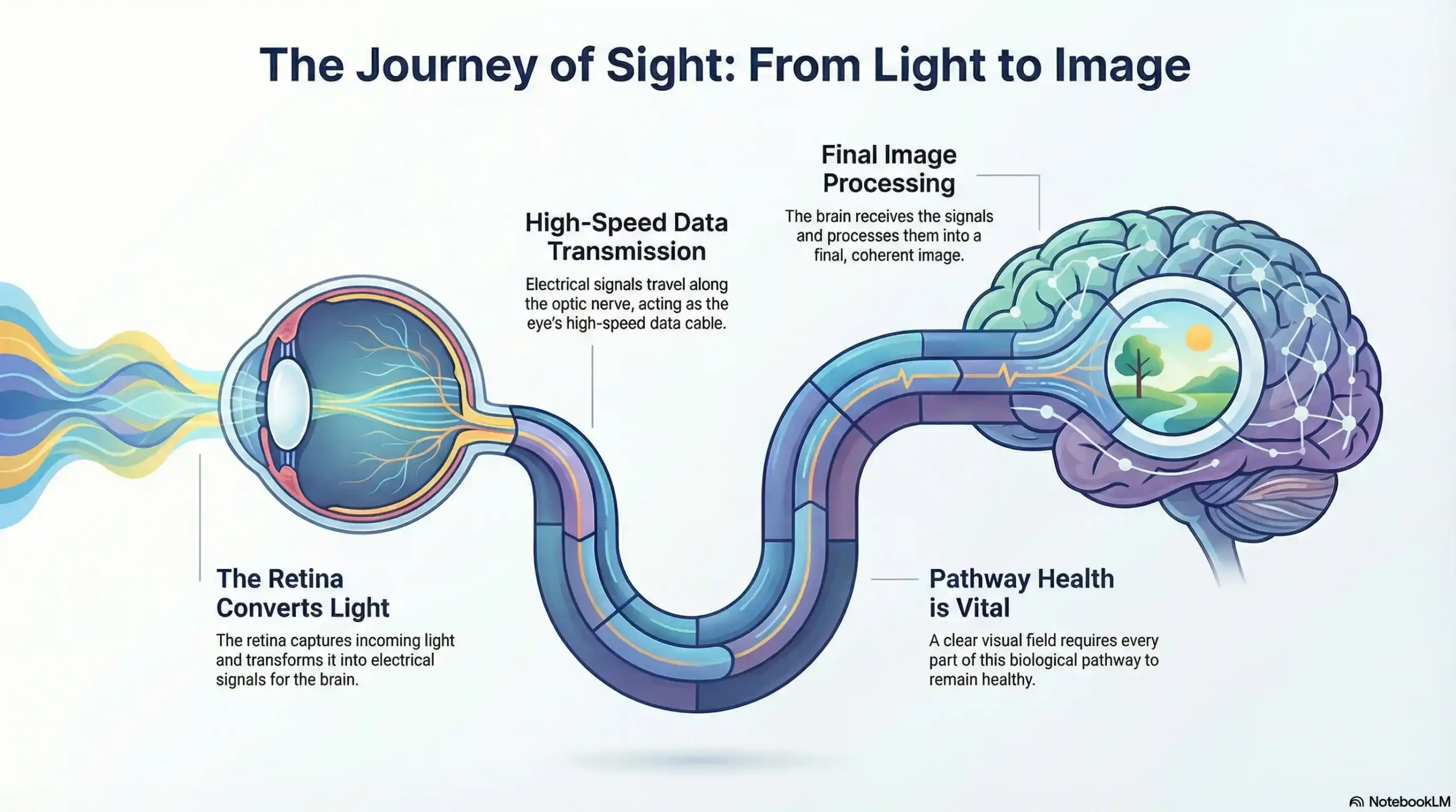 Diagram showing the visual field pathway from the retina through the optic nerve to the brain for processing.