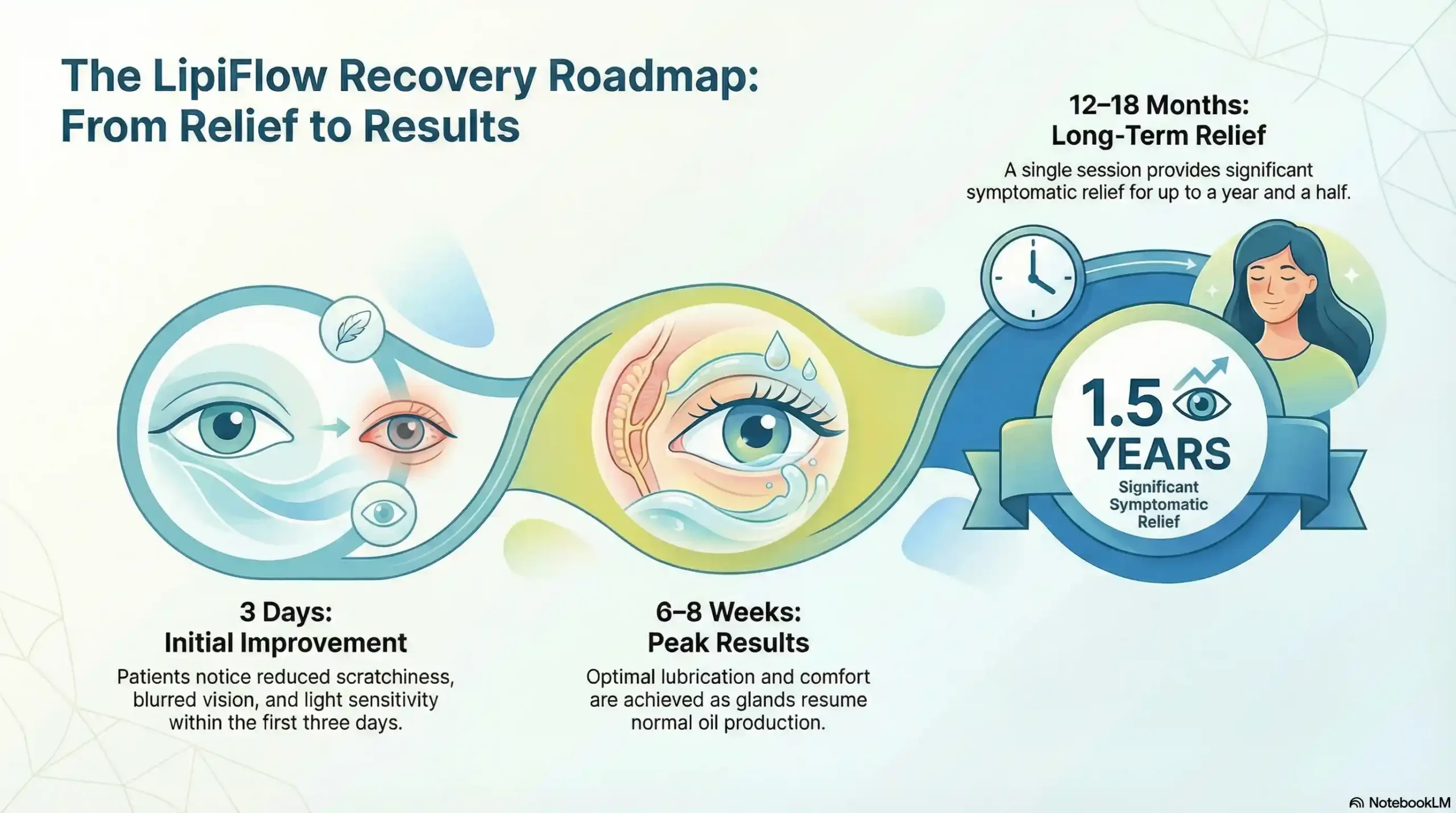 Infographic showing the LipiFlow recovery timeline and peak results stages for dry eye relief.