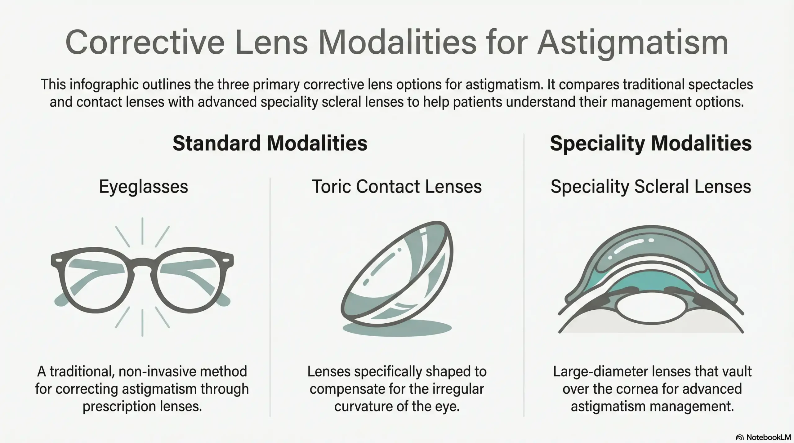 A side-by-side visual comparison of eyeglasses, toric contact lenses, and specialty scleral lenses for astigmatism, featuring icons and brief text in teal and charcoal gray.