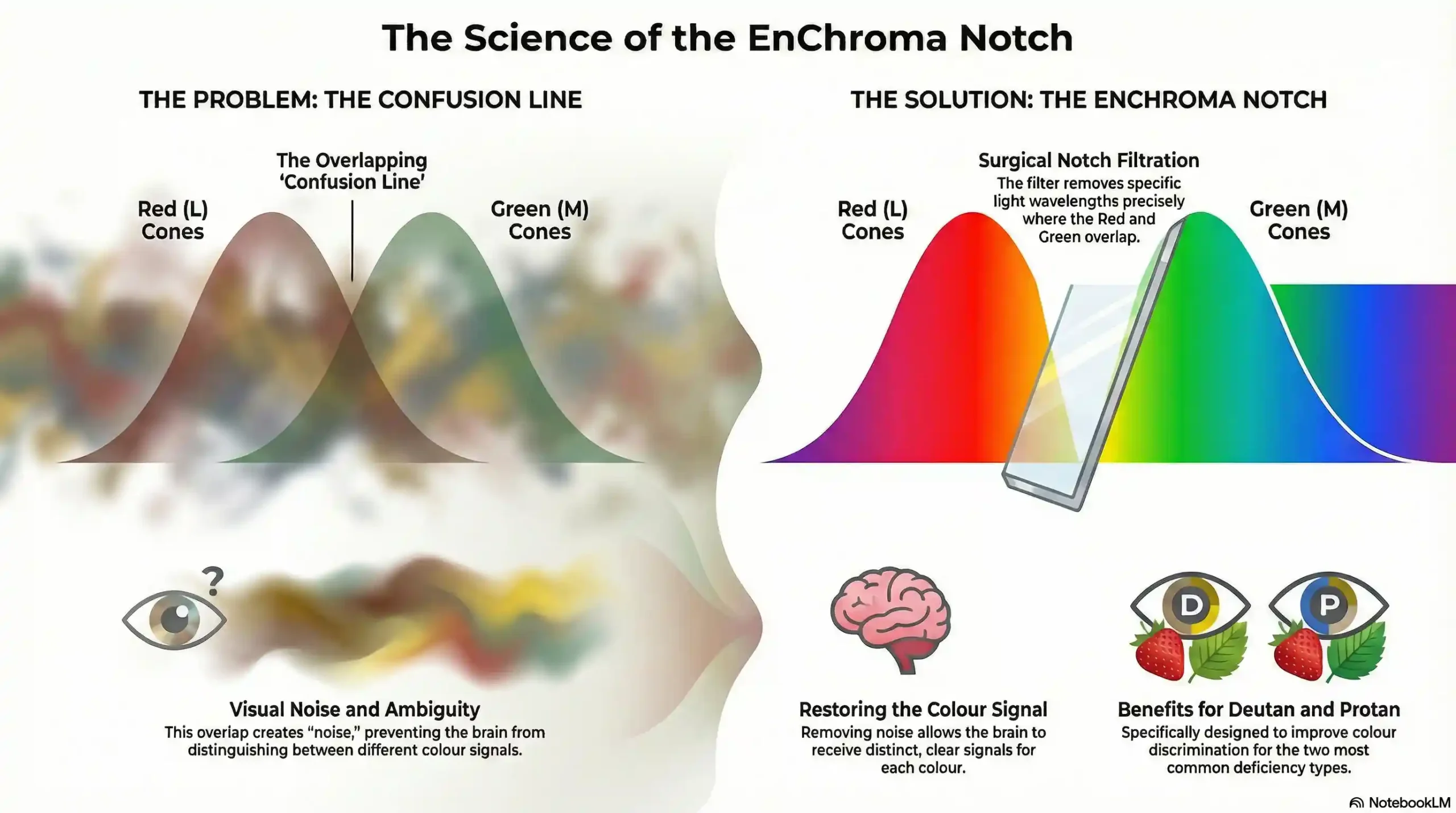 Diagram showing EnChroma spectral notch filter removing light wavelength overlap for color blindness.